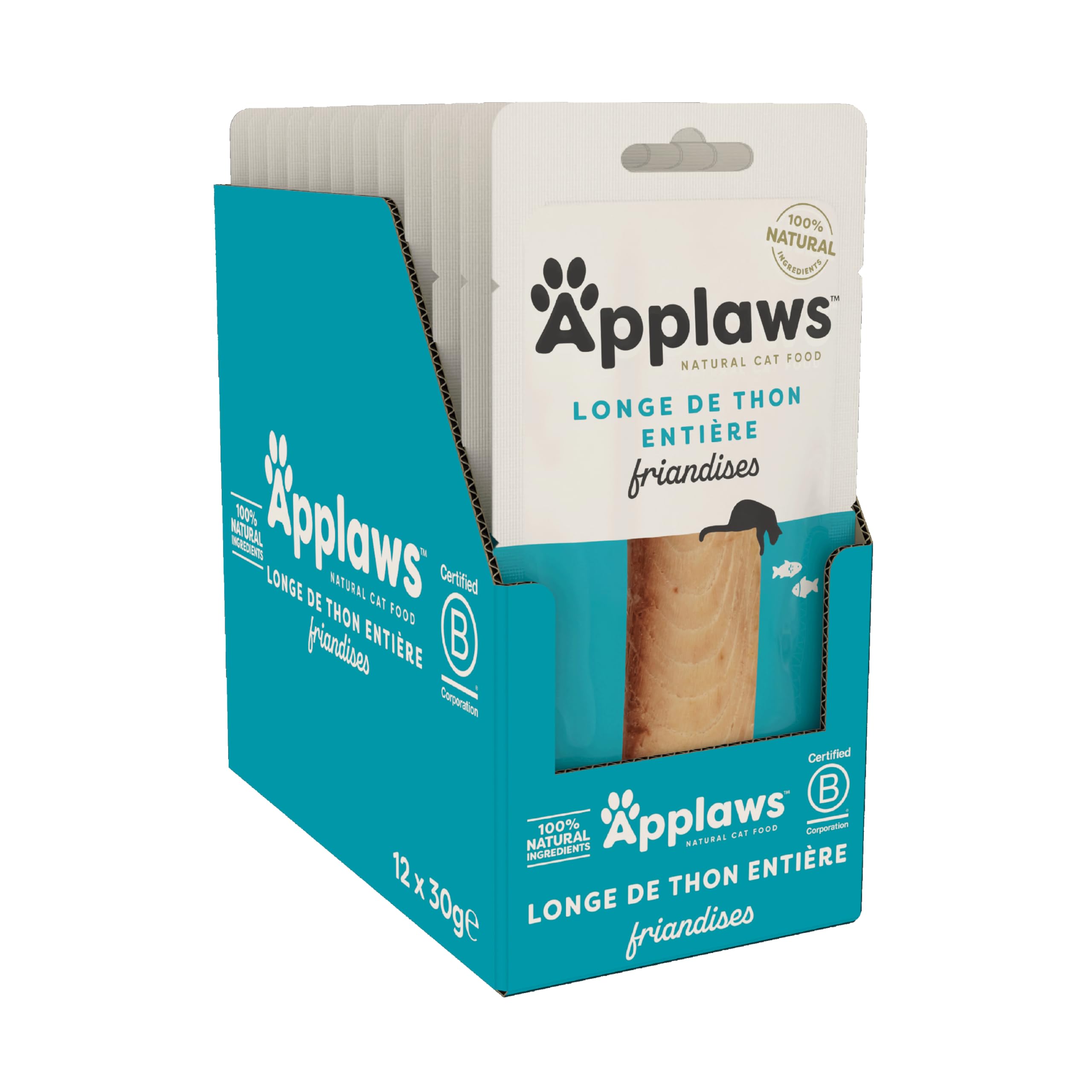 Applaws 100% Friandise naturelle pour chat Snack Longe de thon entier pour chatons, chats adultes et chats âgés - Lot de 12 sachets de 30 g