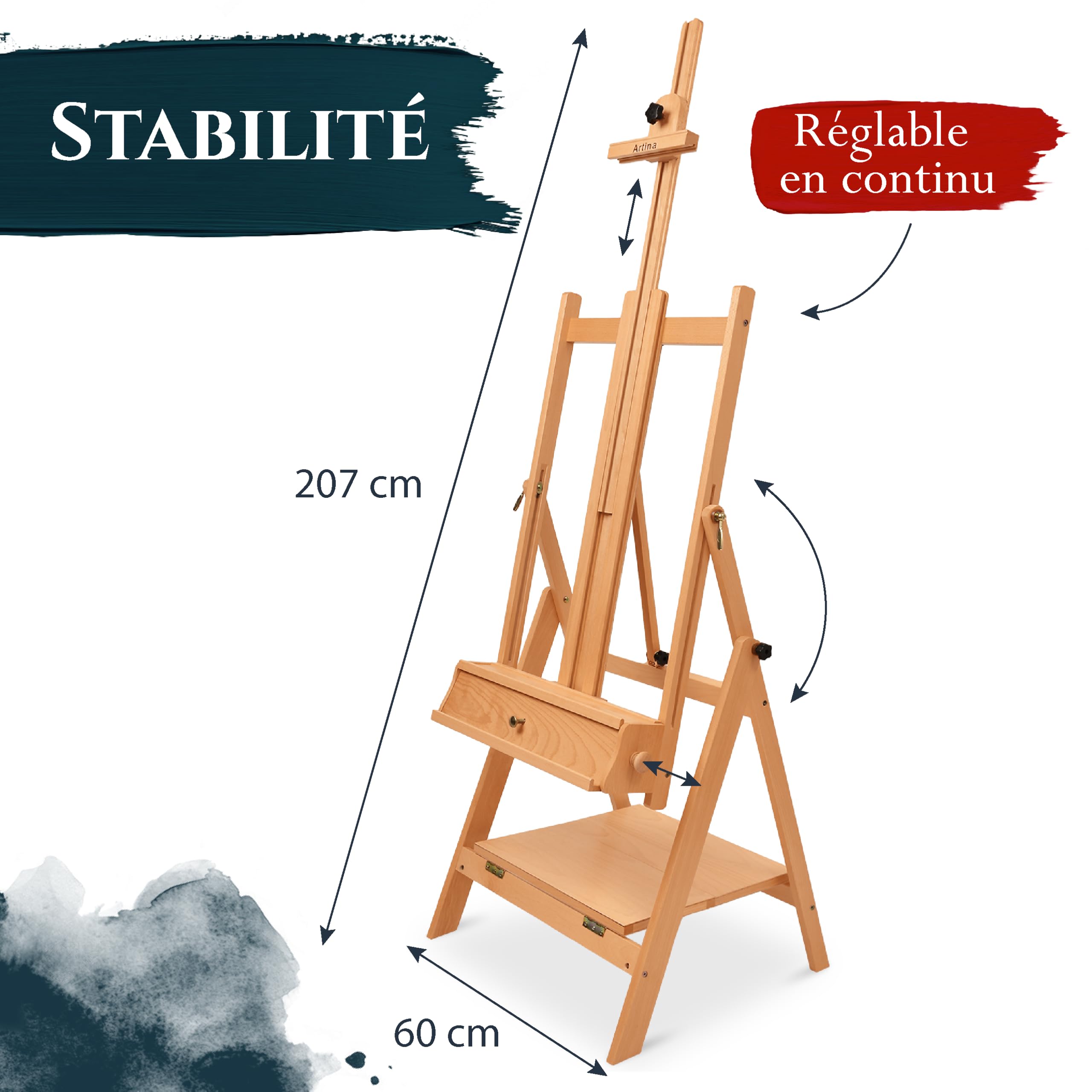 Artina chevalet de studio en bois hêtre réglable pliable pour châssis toile