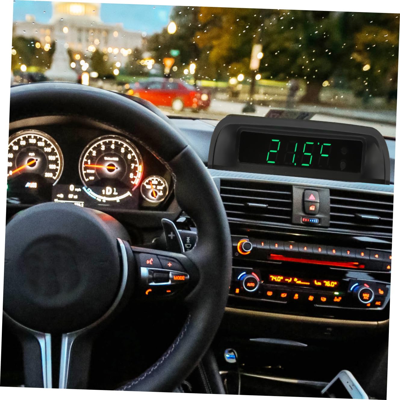 Reloj de Coche Solar con Termómetro Carga por Energía Solar Automático de Brillo Alta Precisión Instalación sin Taladro Pantalla Luminosa para Diurno y Nocturno