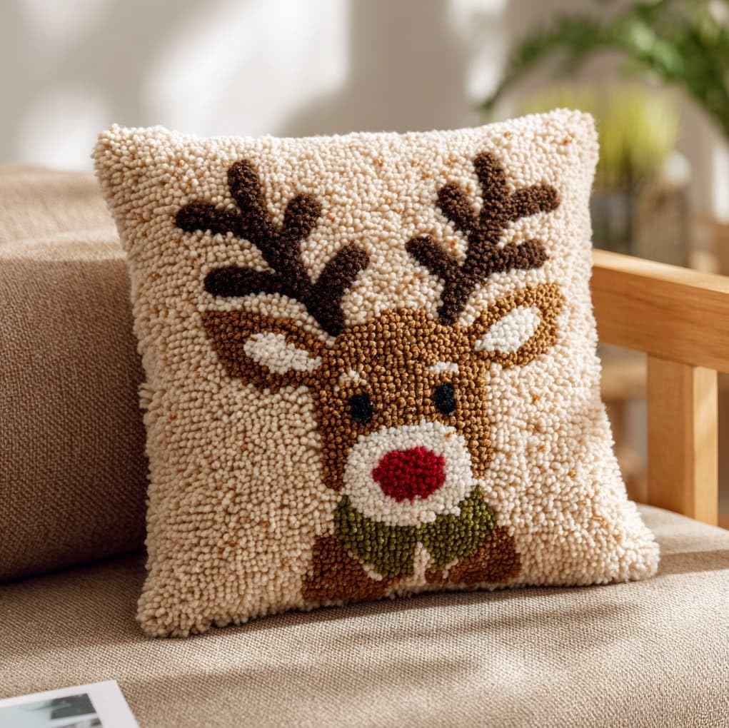 Wallustrioaw Cartoon Deer Latch Hook Kits Pillowcase Embroidery Kit,