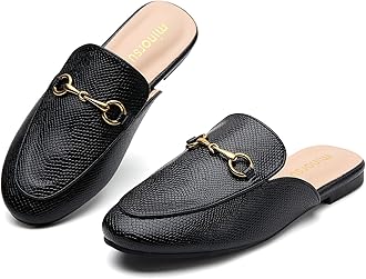 MinorsuBuckle Mules for Women Flats Round Toe Mule Backless Slides Slip On Loafer Shoes