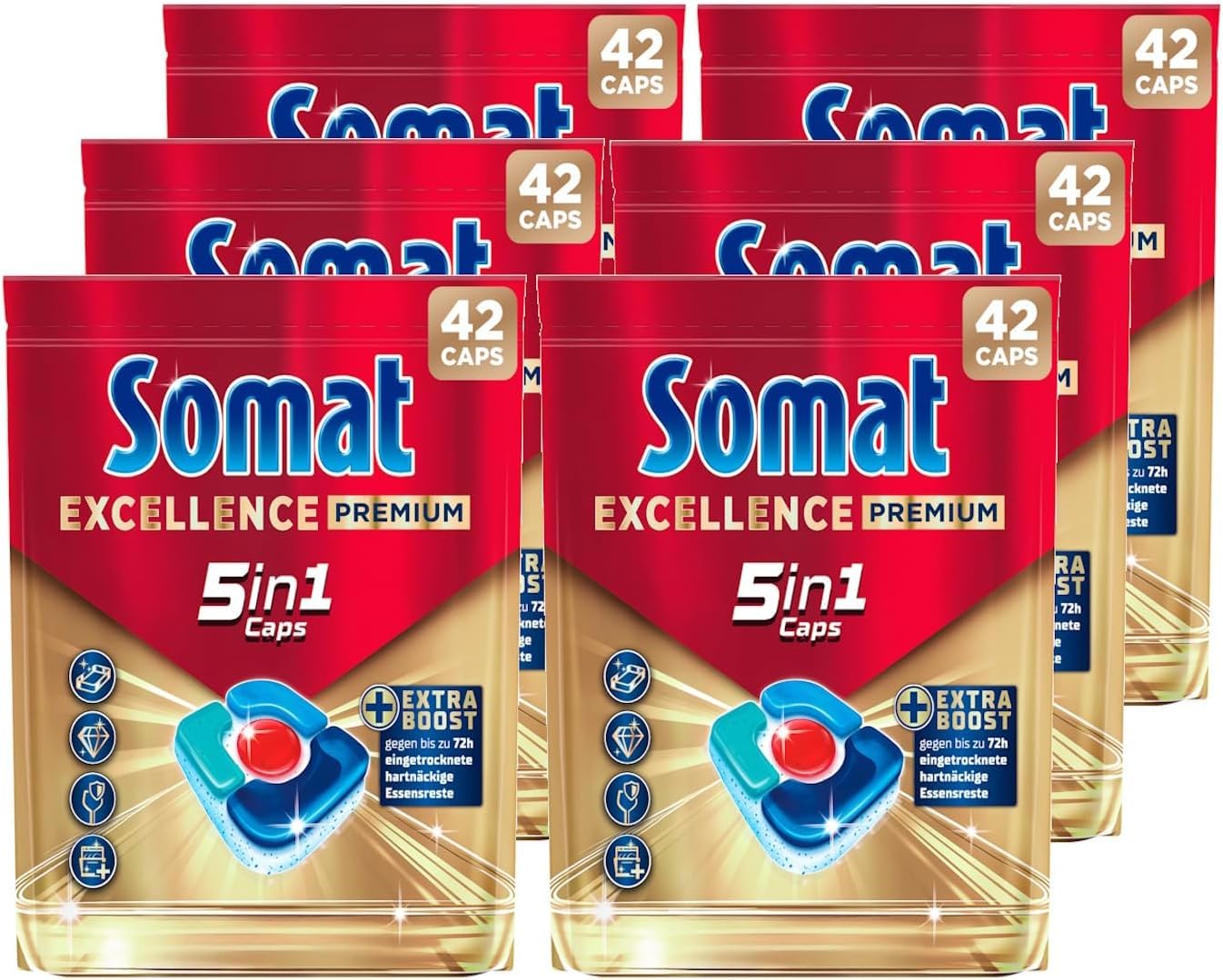 Somat Excellence Premium 5in1 Caps, 252 Caps (6x 42 Caps), schnellauflösende Spülmaschinentabs mit Extra Boost, Somat Caps entfernen selbst 72 h eingetrocknete, hartnäckige Essensreste
