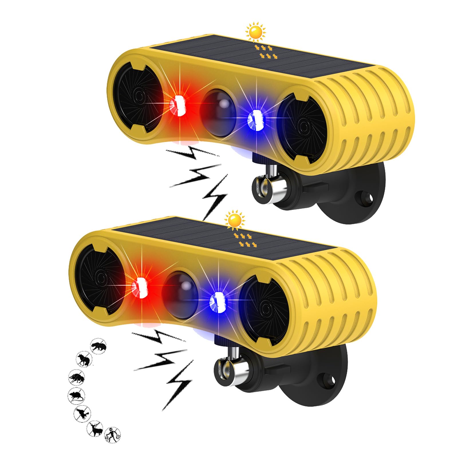 Détecteur de mouvement solaire extérieur 2 x 130 dB sirène ultrasonique haute fréquence avec 4 modes réglables, lumière stroboscopique rouge et bleue, convient pour les maisons, vergers, bâtiments