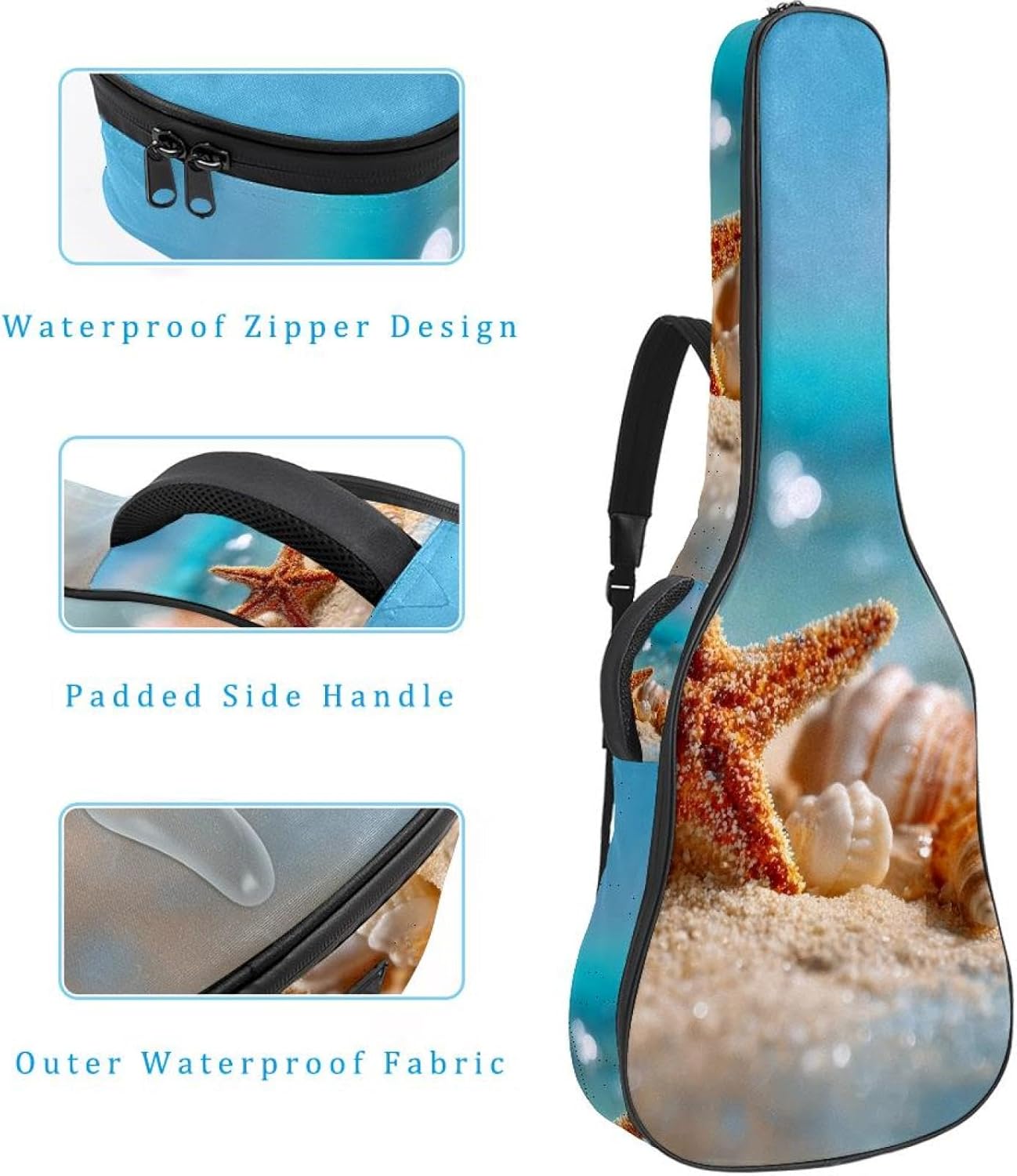 Acoustic Guitar Gig Bag 10mm Thick Padding, Soft Waterproof Guitar Case with Adjustable Backpack Straps for 40-42 Inch Guitar, Starfish and Seashells in Sea Water Blue Ocean Background
