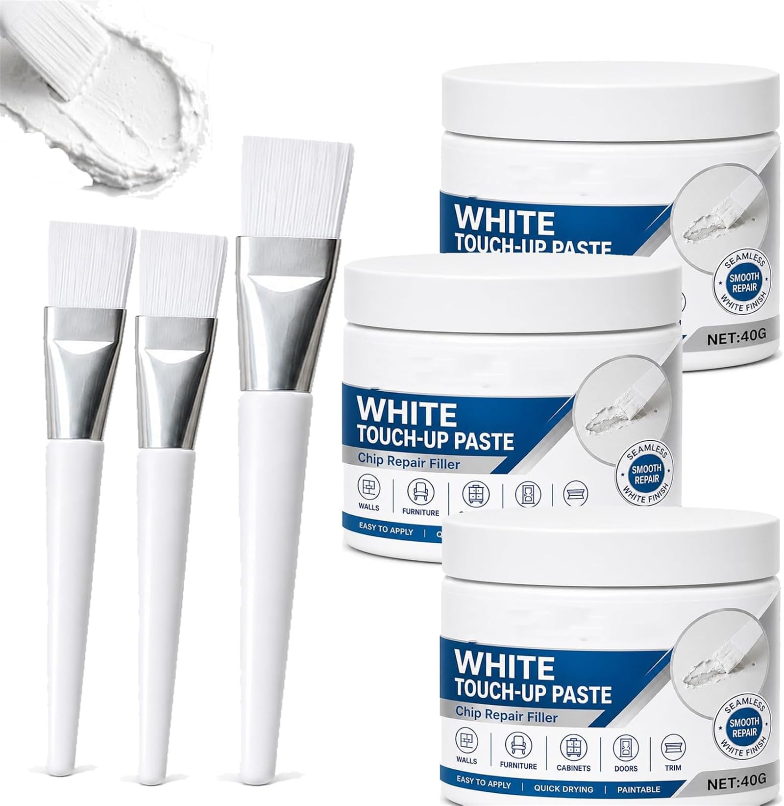 White Furniture Touch-Up Paste with Brush, Professional Wood Filler & Wall Repair Cream for Scratches, Furniture and Floor, Works on Tables, Cabinets & Wooden Floors (3Pcs)