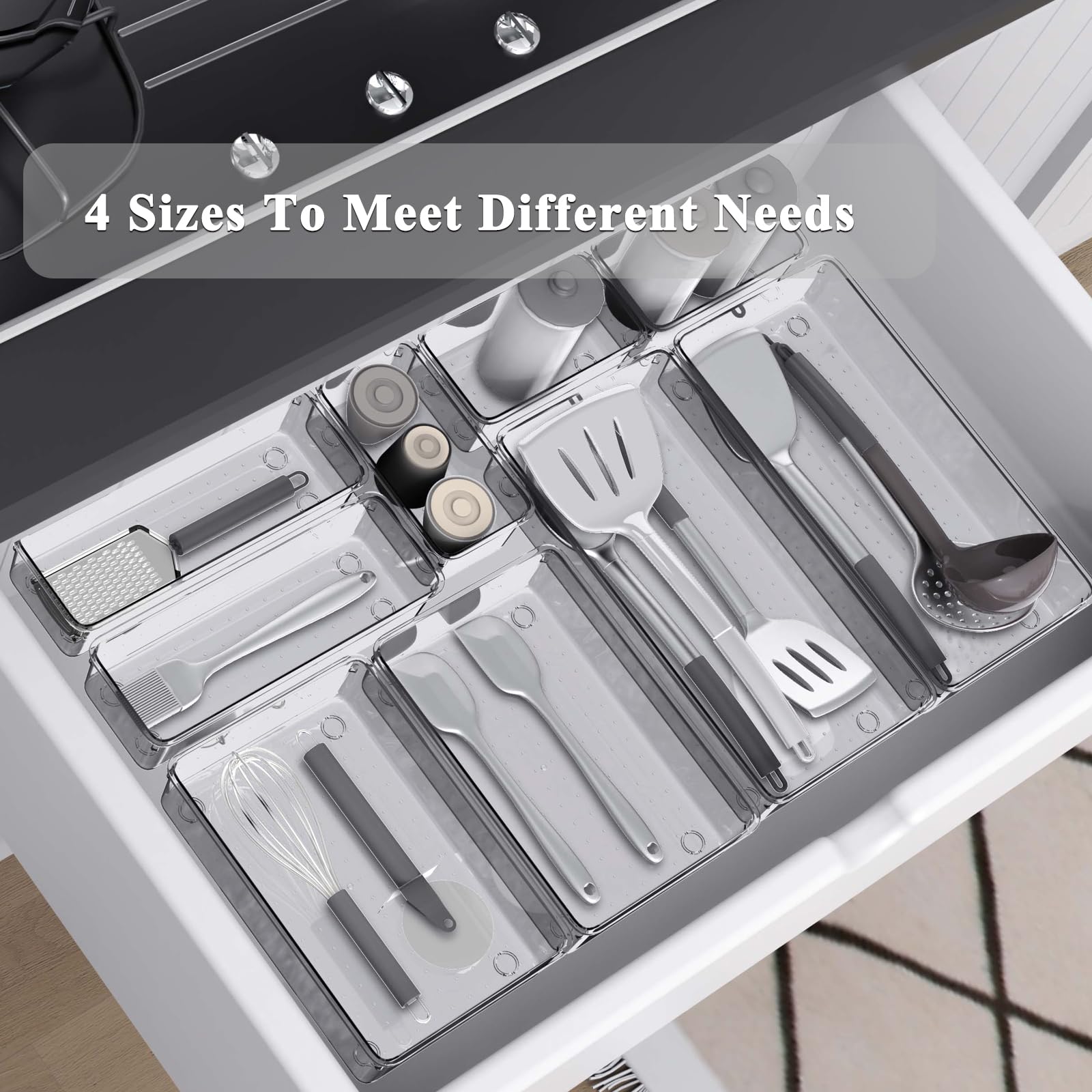 Kriovoa 9 Pack Kitchen Drawer Organiser, Large Clear Drawer Storage Tray with Non-Slip Pads - Image 3