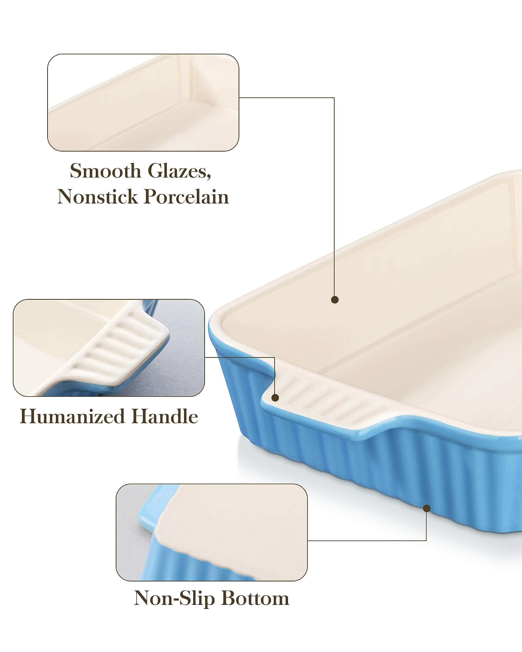 MALACASA Baking Dish, Casserole Dish for Oven, 3.1 QT Ceramic Baking Pan, Rectangular Lasagna Pan Deep with Handles for Cooking Serving Cake Kitchen, Blue, Series BAKE.BAKE