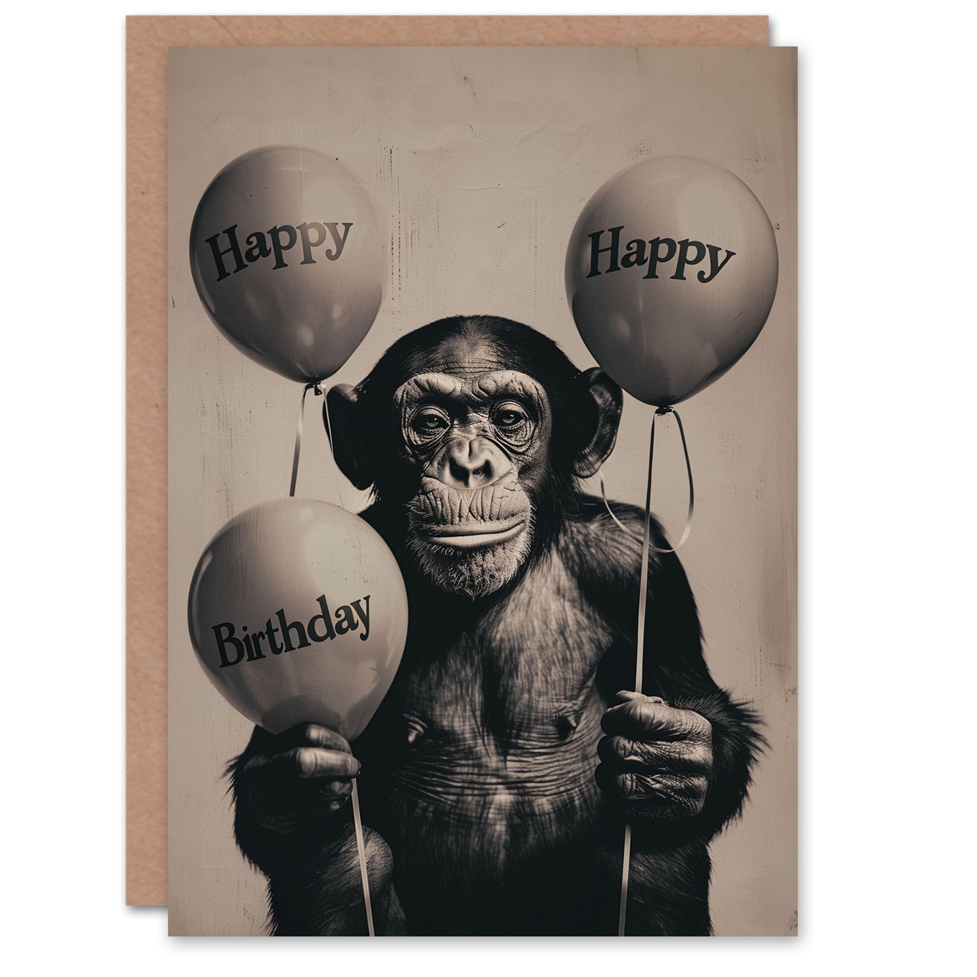 Artery8 Birthday Card Vintage Photo Chimp Balloons Fun Animal For Him Man Male Dad Brother Son Papa Grandad Greeting Card