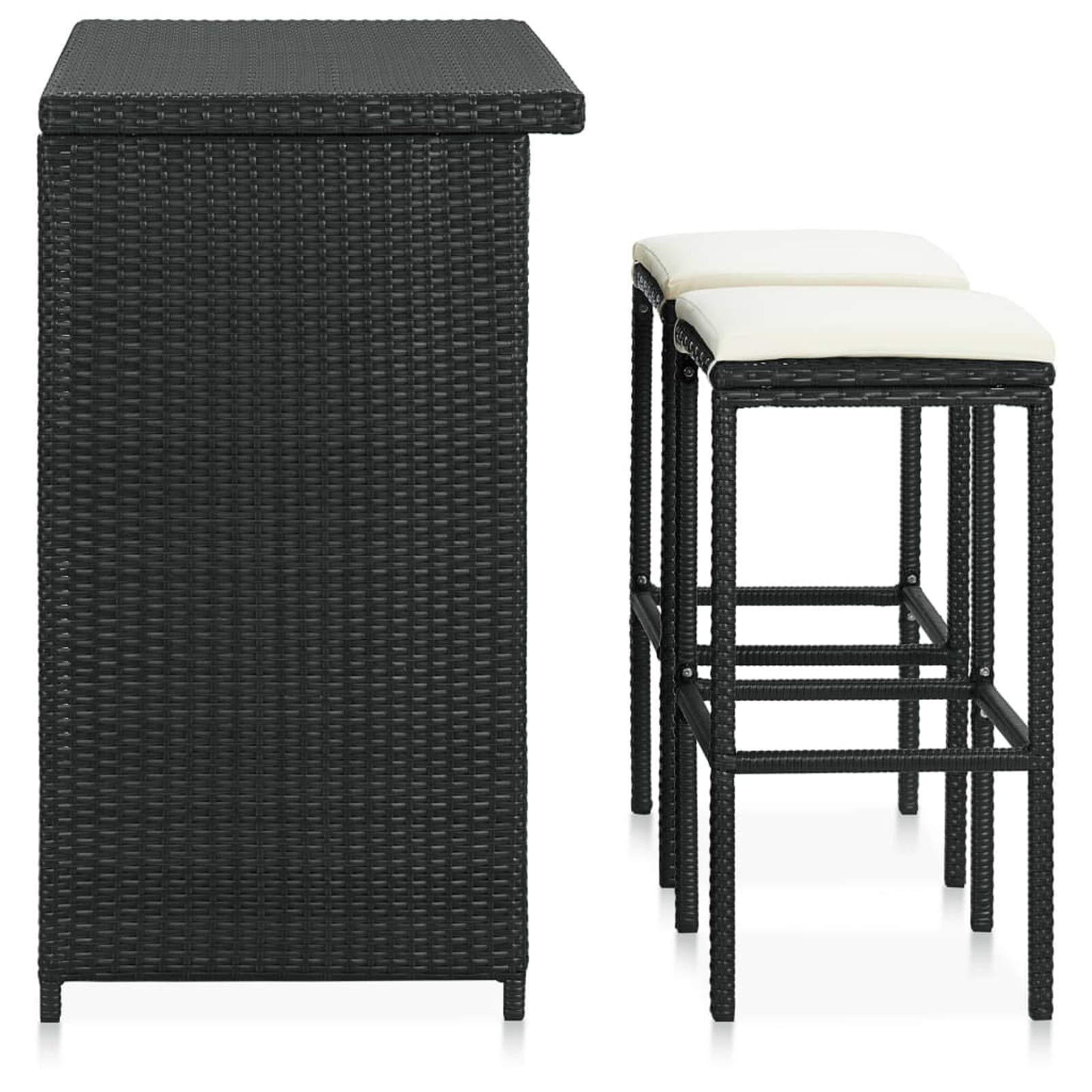 Deufre Muebles de Bar Jardín Exterior 3 pzas,Mesa y Sillas Jardín,Mesa y Sillas Exterior,Mesa y Sillas de Bar de Ratán,Conjunto Mesa y Sillas con Cojines para Jardin y Terraza Negro