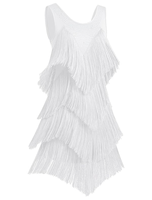Rhinestones Layered Fringe Dress Ballroom Latin Dance Dress for Women Competition Tiered Tassel Flapper Dresses Sleeveless 1920s Gatsby Party Salsa Tango Performance Dancing Costume Outfit White S by IWEMEK - Used condition - Image 4
