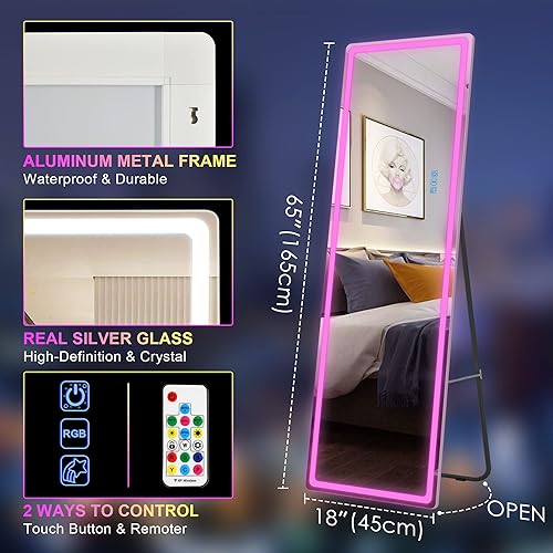 Miniatura 5 de LVSOMT Espejo LED RGB de 63 x 18 pulgadas, espejo de pie completo con luces, espejo de pie y montaje en pared, espejo iluminado de cuerpo completo,
