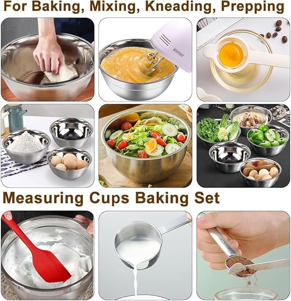 WEPSEN 5-Speed Electric Hand Mixer, 4 Large Mixing Bowls Set, Handheld Mixers with Whisks Beater, Stainless Steel Metal Nesting Bowl Measuring Cups Spoons Kitchen Cake Blender for Baking Supplies by WEPSEN - Image 7