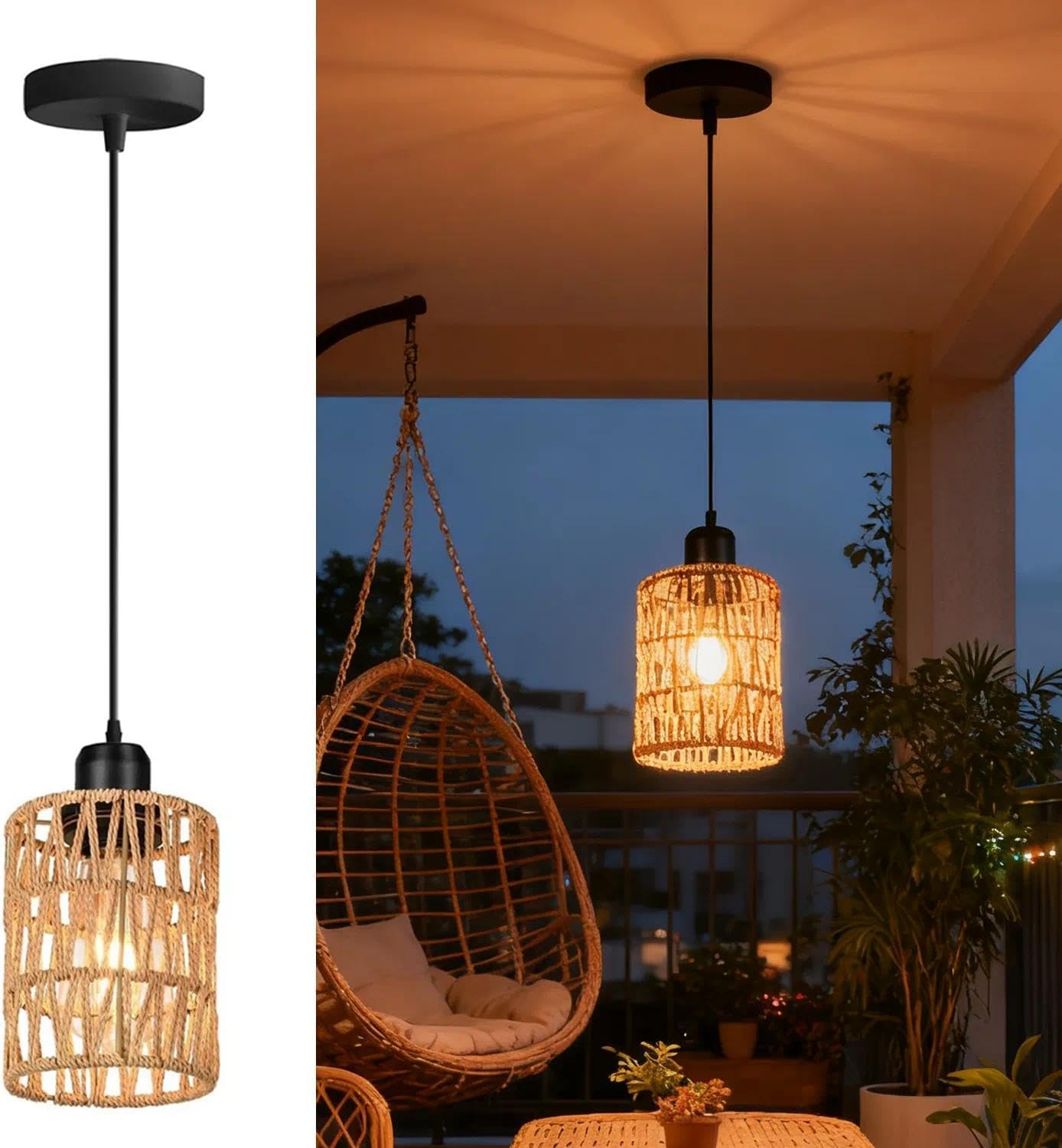 Pendant Light Hanging Lamp - Boho Farmhouse Decor Rattan Woven Lights Shade - Ceiling Light Fixtures for Kitchen Island/Dining Room/Bedroom