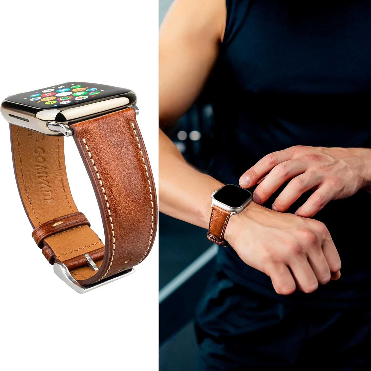 Leather Bands Compatible with Apple Watch Band 42mm 44mm 45mm 49mm Ultra, Replacement Band Leather Strap for Men iWatch Ultra 3/2/1 Series 9 8 7 6 5 4 - Image 3