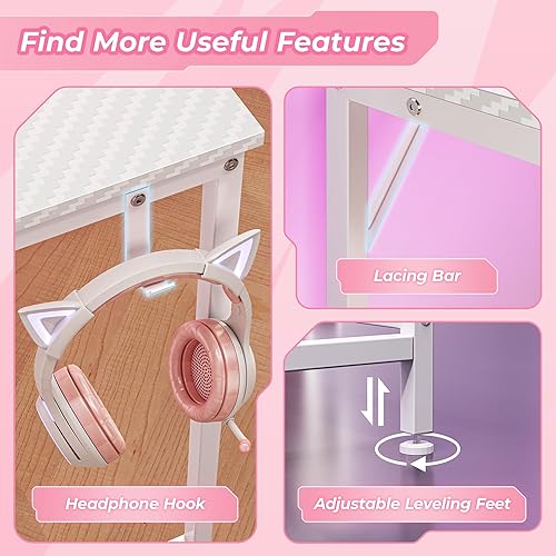 Miniatura 7 de Huuger - Escritorio para juegos en forma de L con tomas de corriente y luces LED, escritorio para computadora con estantes para monitor, superficie