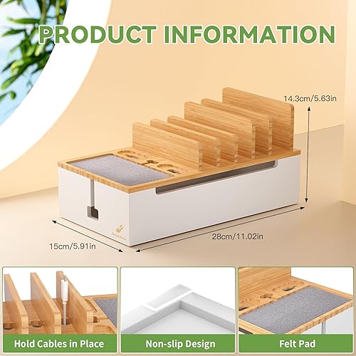 Miniatura 7 de Pezin & Hulin Caja de organización de cables de bambú, organizadores de cables para cables, caja de estación de carga, organizador de base de