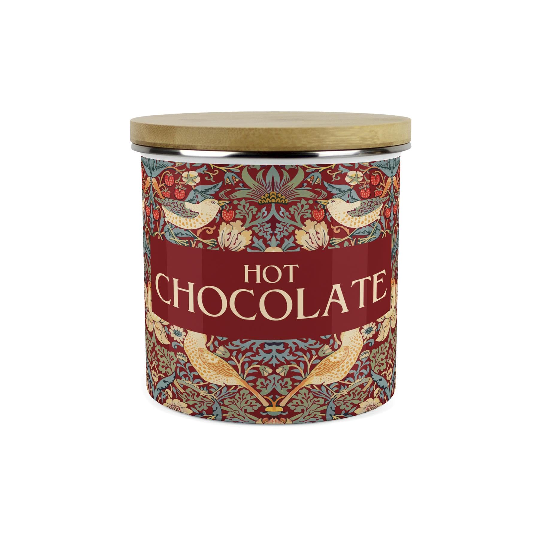 Purely Home Hot Chocolate Red Strawberry Thief Storage Canister - Morris Inspired Floral Tapestry Artwork - Large Enamel Hot Drinks Kitchen Storage Container