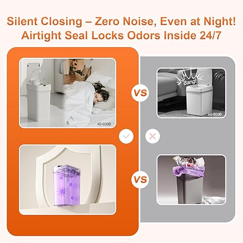 Miniatura 6 de Bote de basura de baño sin contacto de 9L2.4 galones, sensor de movimiento de 0.2 s, cierre automático, diseño delgado impermeable IPX5 para
