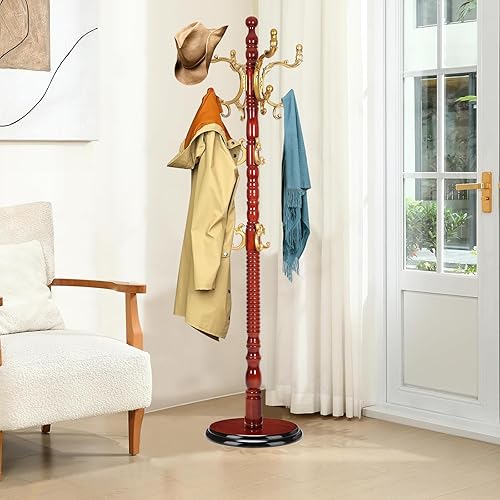 Perchero de madera independiente, soporte de árbol de abrigos naturales con 14 ganchos, 73 pulgadas resistente y fácil de montar para entrada,