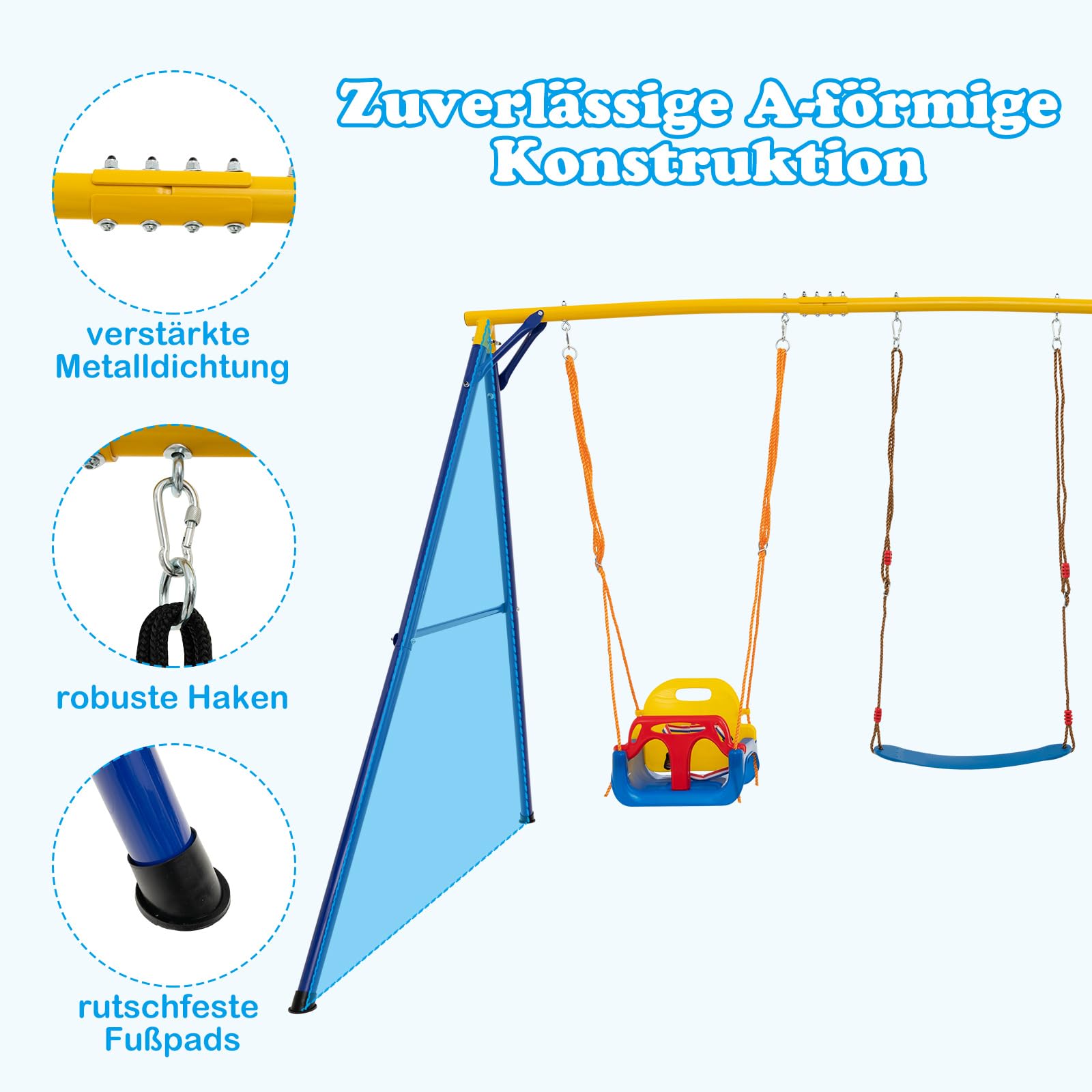 COSTWAY Schaukel mit Gestell Outdoor, Schaukelgestell Metall mit Erdspießen | Schaukelgerüst mit Nestschaukel, elastischer Kinderschaukel & Babyschaukel, Outdoor Schaukel für Kinder, 350 x 182 x 188 cm