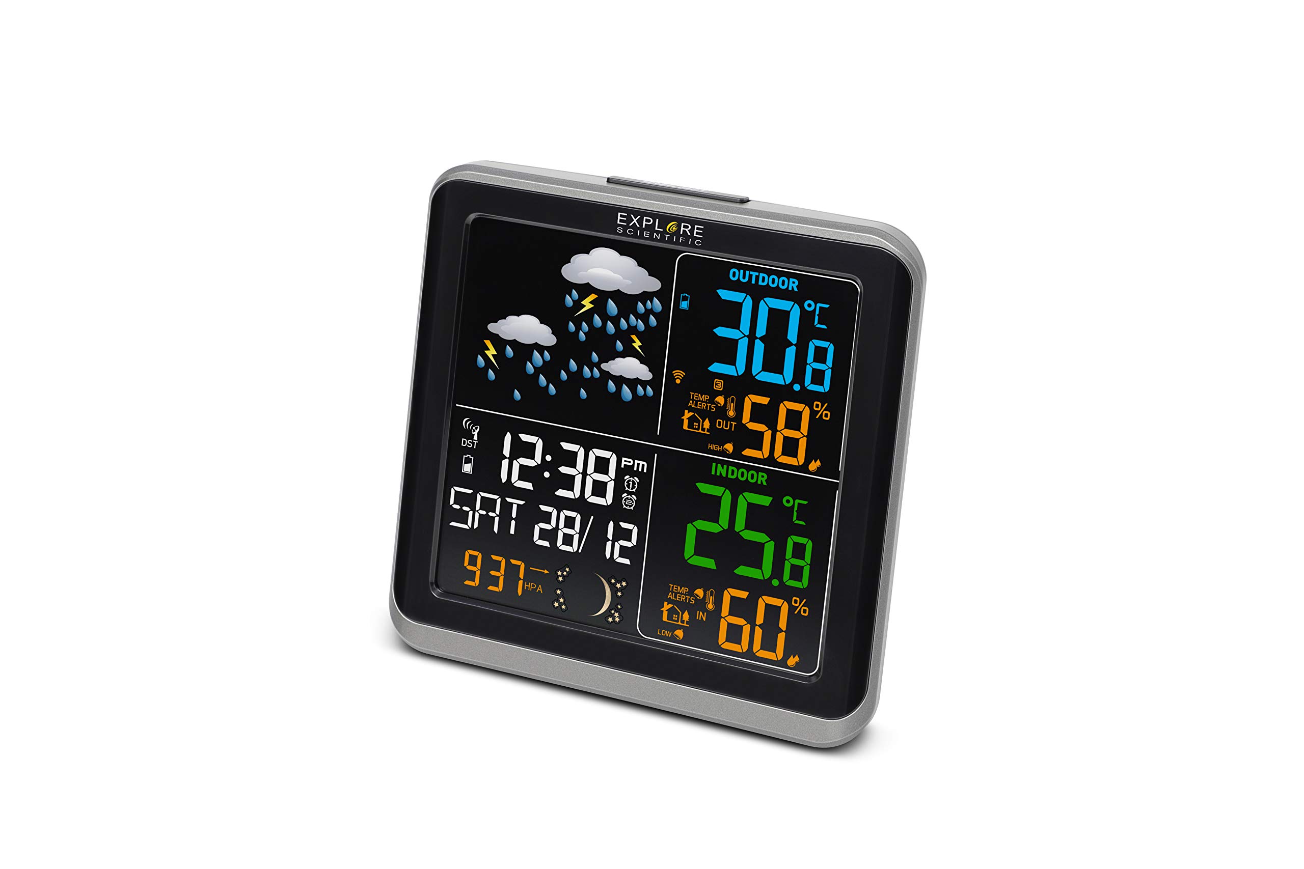 Explore Scientific WSH4008C Stazione Meteo Radio-Controllata, Barometro con Previsioni del Tempo con 6 icone, Temperatura/umidità int/ext, 1 Sensore incluso, Nero