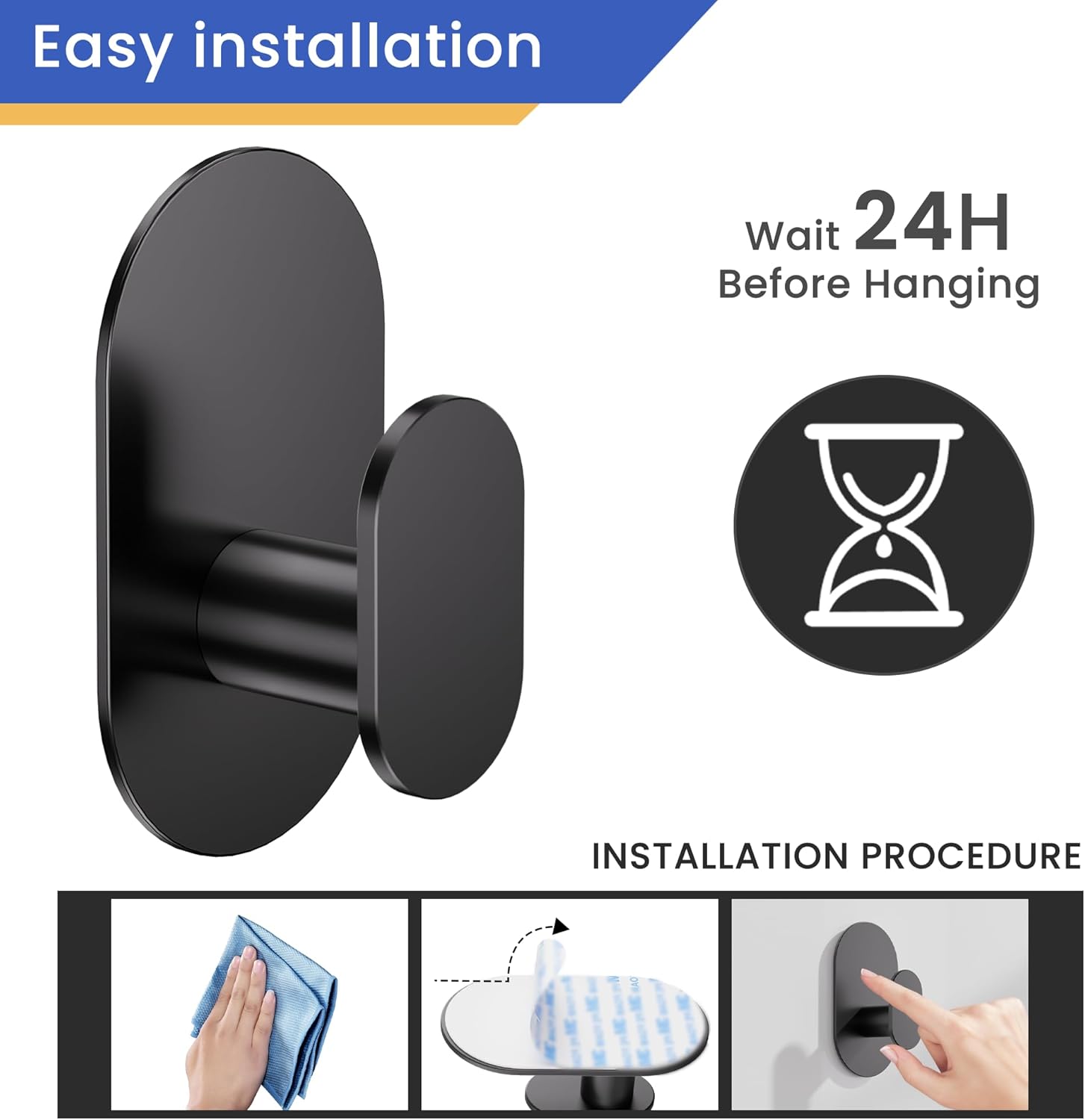 Aikzik Adhesive Towel Hooks - 4 Pack 26LB Extra Strong Heavy Duty Wall Hooks for Bathroom/Shower Door Hanging Coat, Robe, Towel, Dogs' Leads and Collars (Matte Black, Stainless Steel)