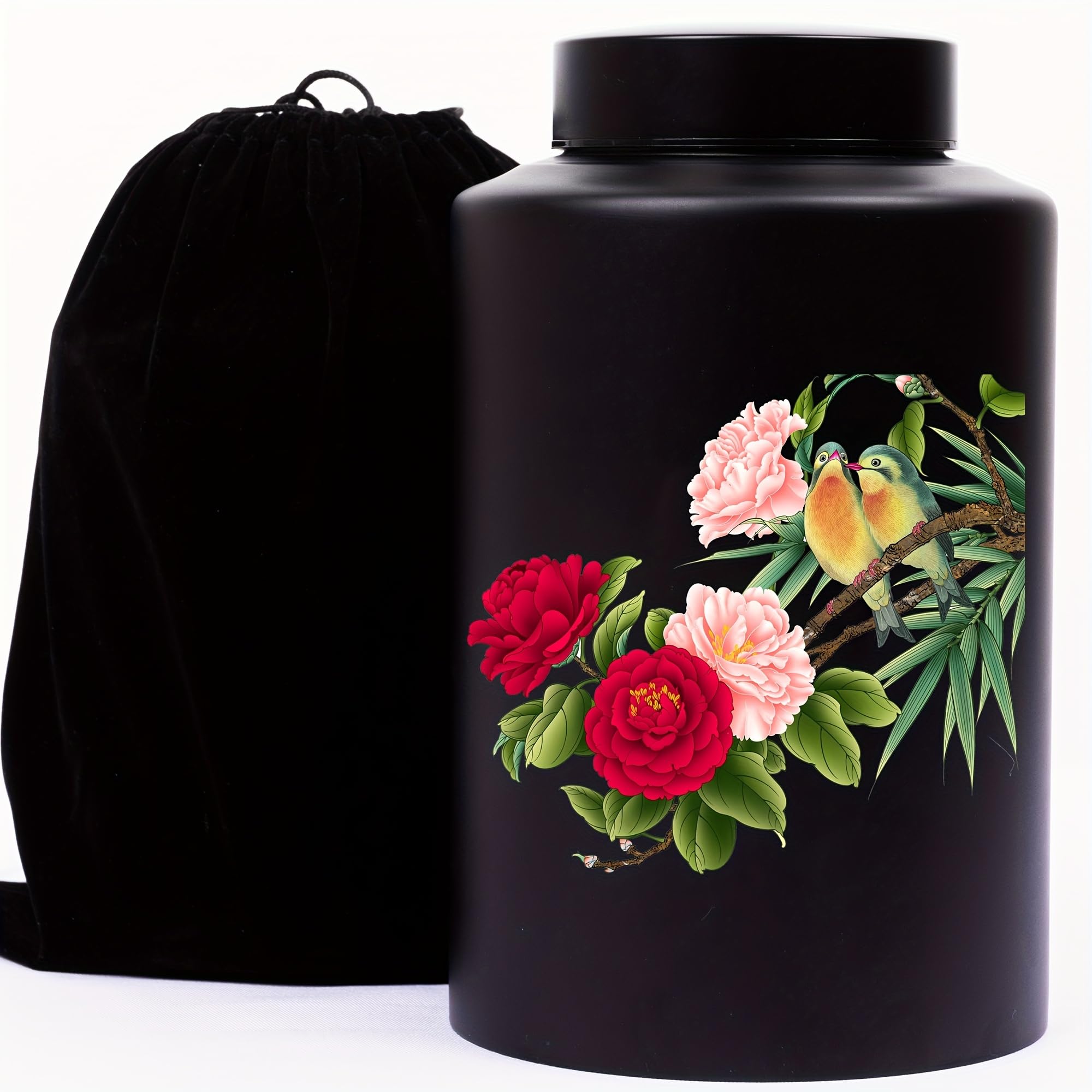 Memorial Cremation Urn,Black Decorative Peony Floral Funeral Urn,Large Adult Burial for Male-Female Ashes, Cemetery Burial or Niche with Black Velvet Bag