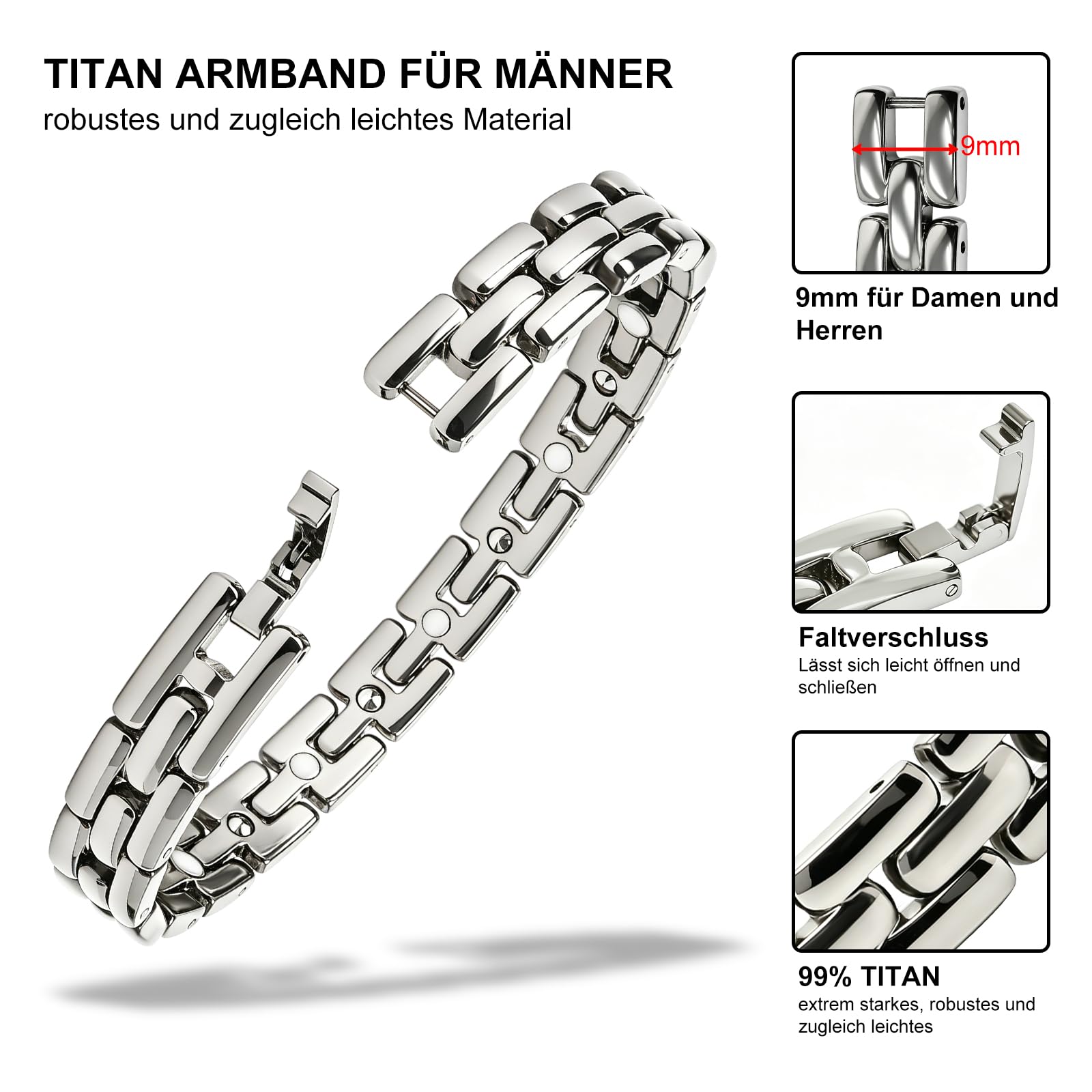 Bracelet magnétique pour homme double rangée en titane avec aimants ultra puissants avec outil de réglage et boîte cadeau