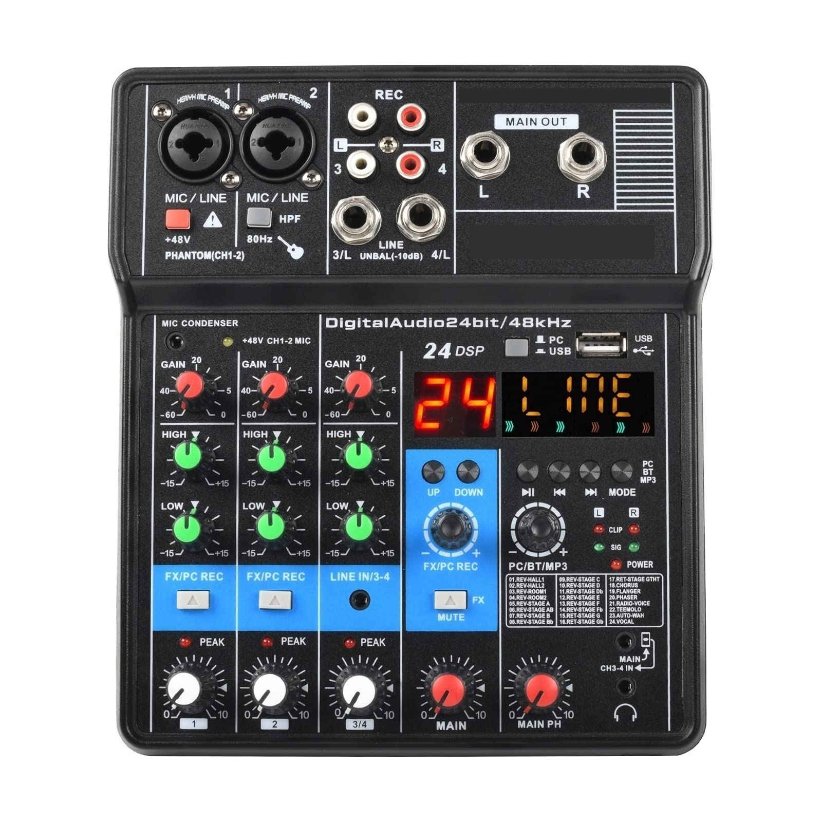 DJ-Audiomixer Professioneller tragbarer 4-Kanal-Tonmischer Konsole Computereingang 48 V Leistung Modellnummer-Zertifizierungsschnittstelle