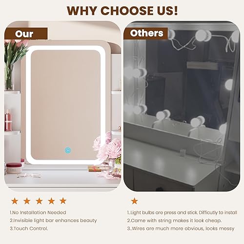 Vista 4 de HAIOOU Escritorio pequeño con espejo y luces, escritorio de maquillaje con cajón de almacenamiento, tocador compacto con estante abierto de 3