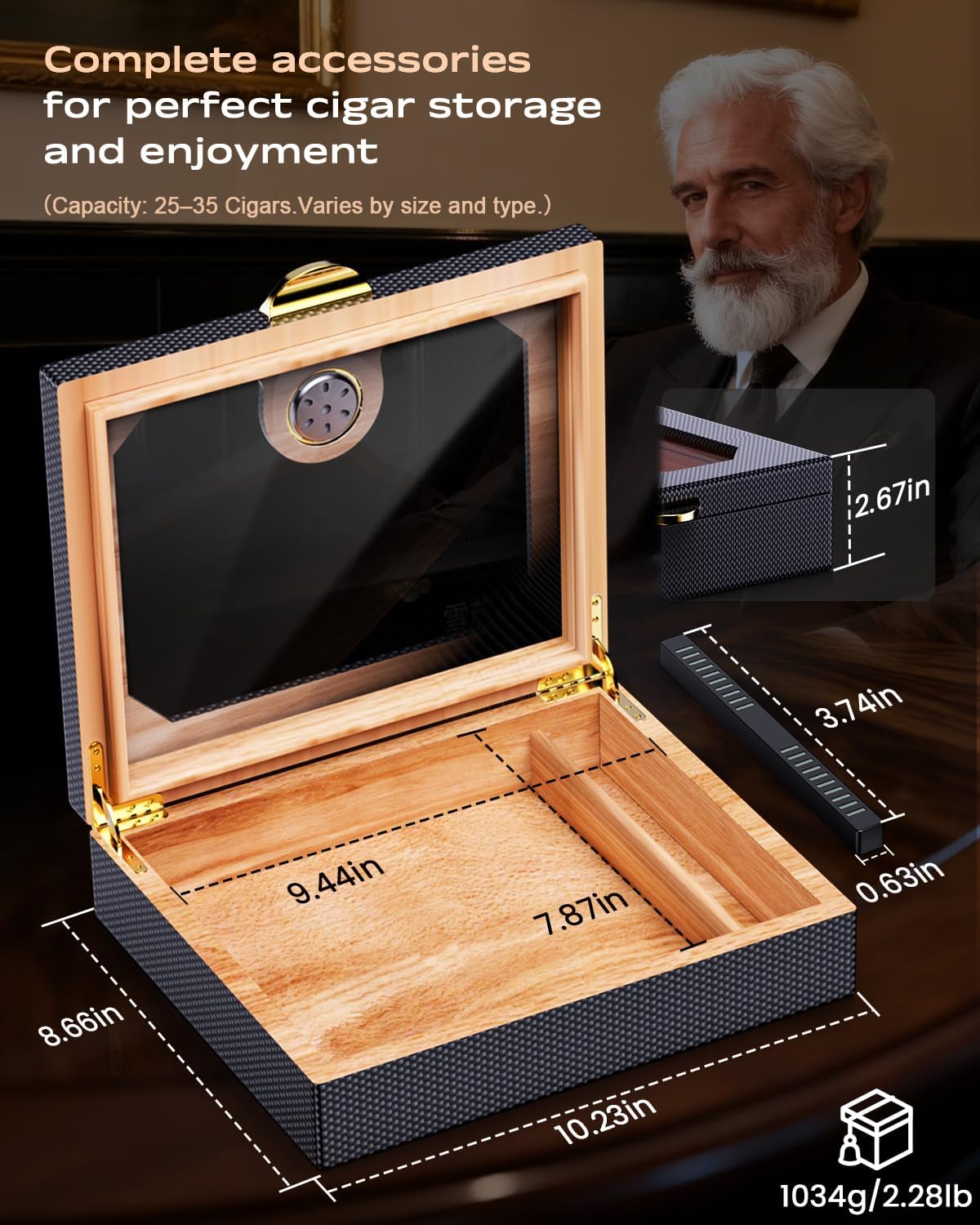 Cedar Wood Cigar Humidor with V+Straight Cigar Cutter, Cigar Draw Enhancer image 2