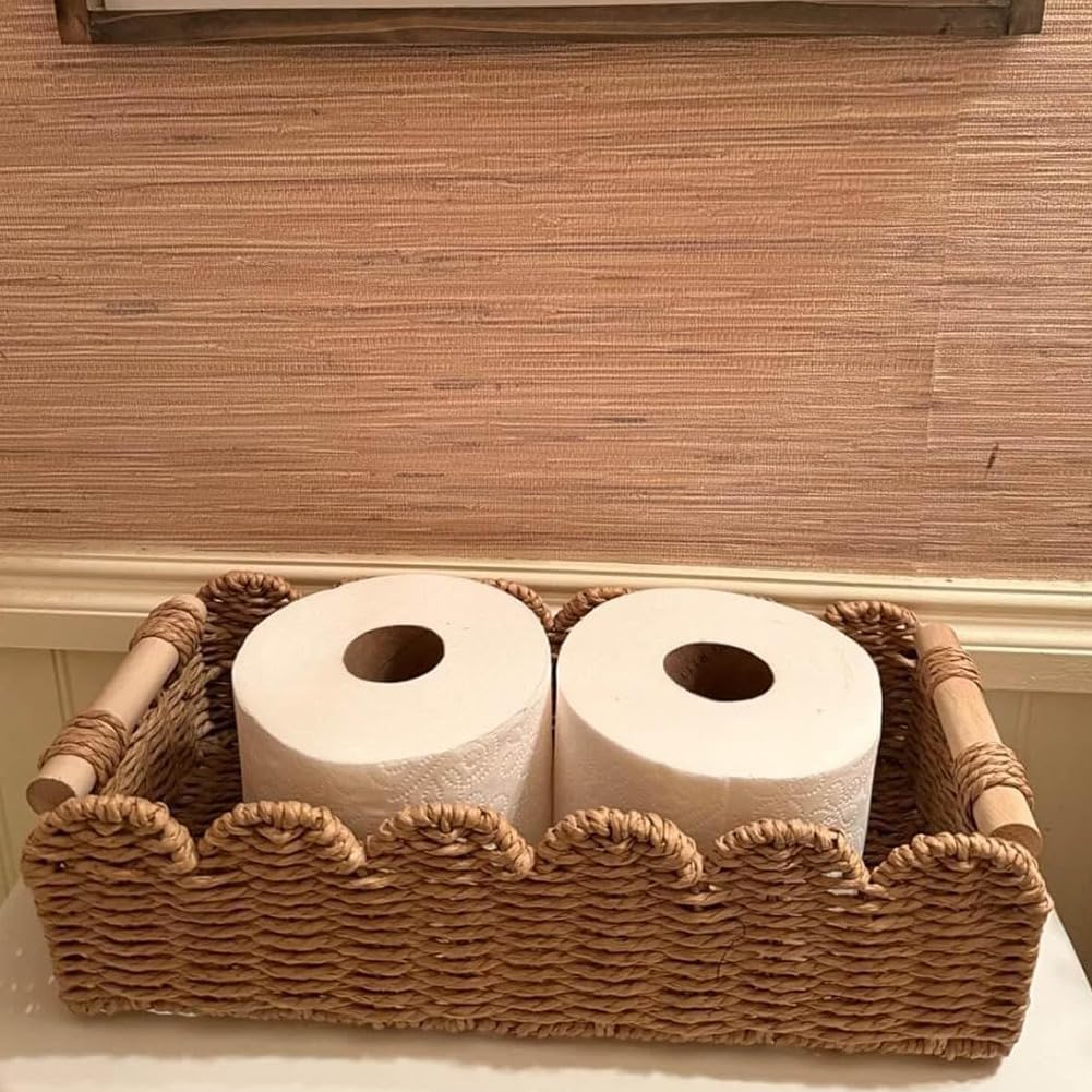 Juego de 2 cestas de almacenamiento trenzadas con cesta de mimbre decorativa ondulada para almacenamiento sobre el inodoro, estante para estantería, habitación de los niños.