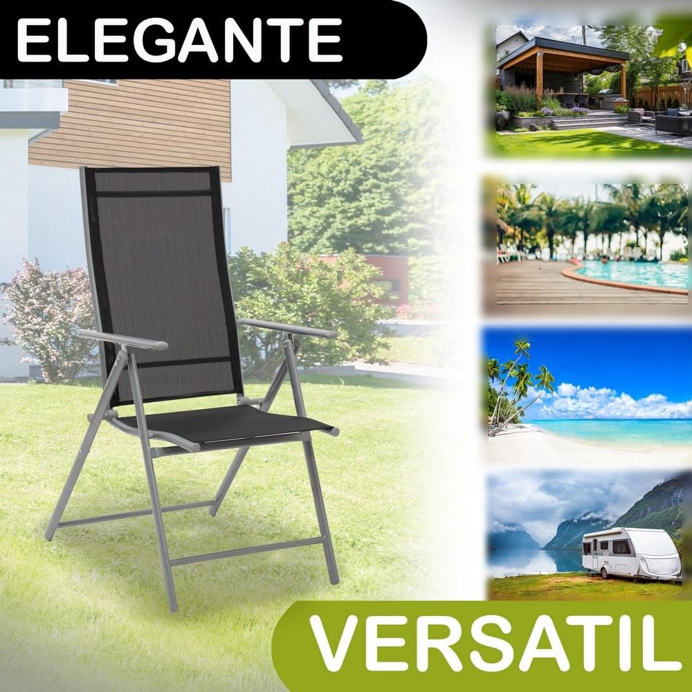 LOLAhome 2 sillas Camping jardín y terraza Plegables y reclinables de 7 Posiciones de Acero Gris con Epoxi anticorrosión y textileno Reforzado Negro