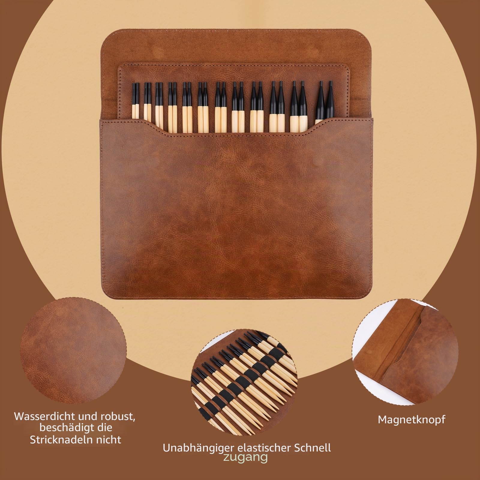 WAZAIGUR Austauschbares Rundstricknadel-Set aus Bambus mit Etuigrößen 3,5 mm, 3,75 mm, 4 mm, 4,5 mm, 5 mm, 5,5 mm, 6 mm, 6,5 mm, 7 mm, 8 mm, 9 mm, 10 mm, 12 Paar, 4 Kabel