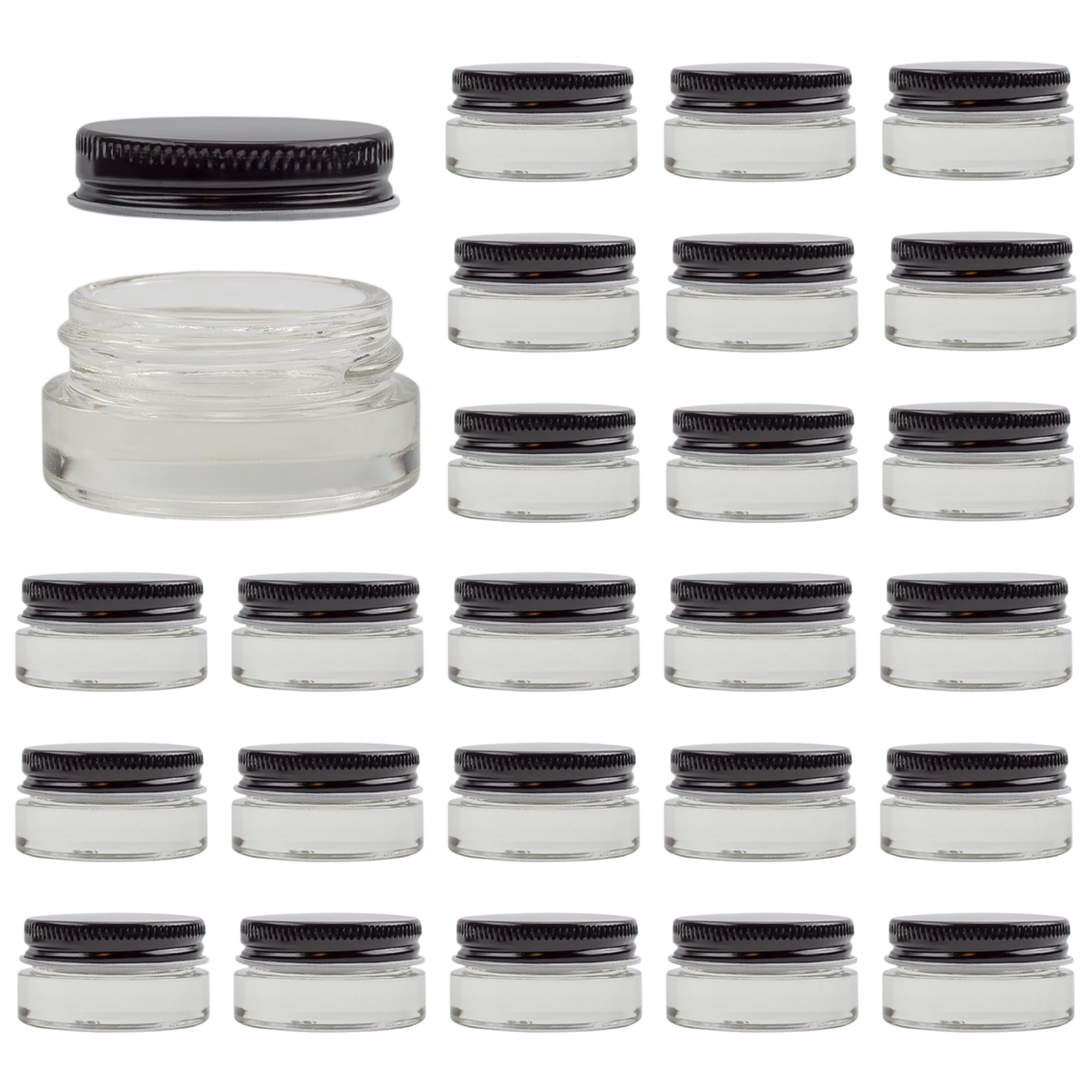Cornucopia Brands 7-Milliliter Glass Lip Balm Jars (24-Pack).25-Ounce Thick-Walled Containers (7ml Clear with Black Metal Lids)