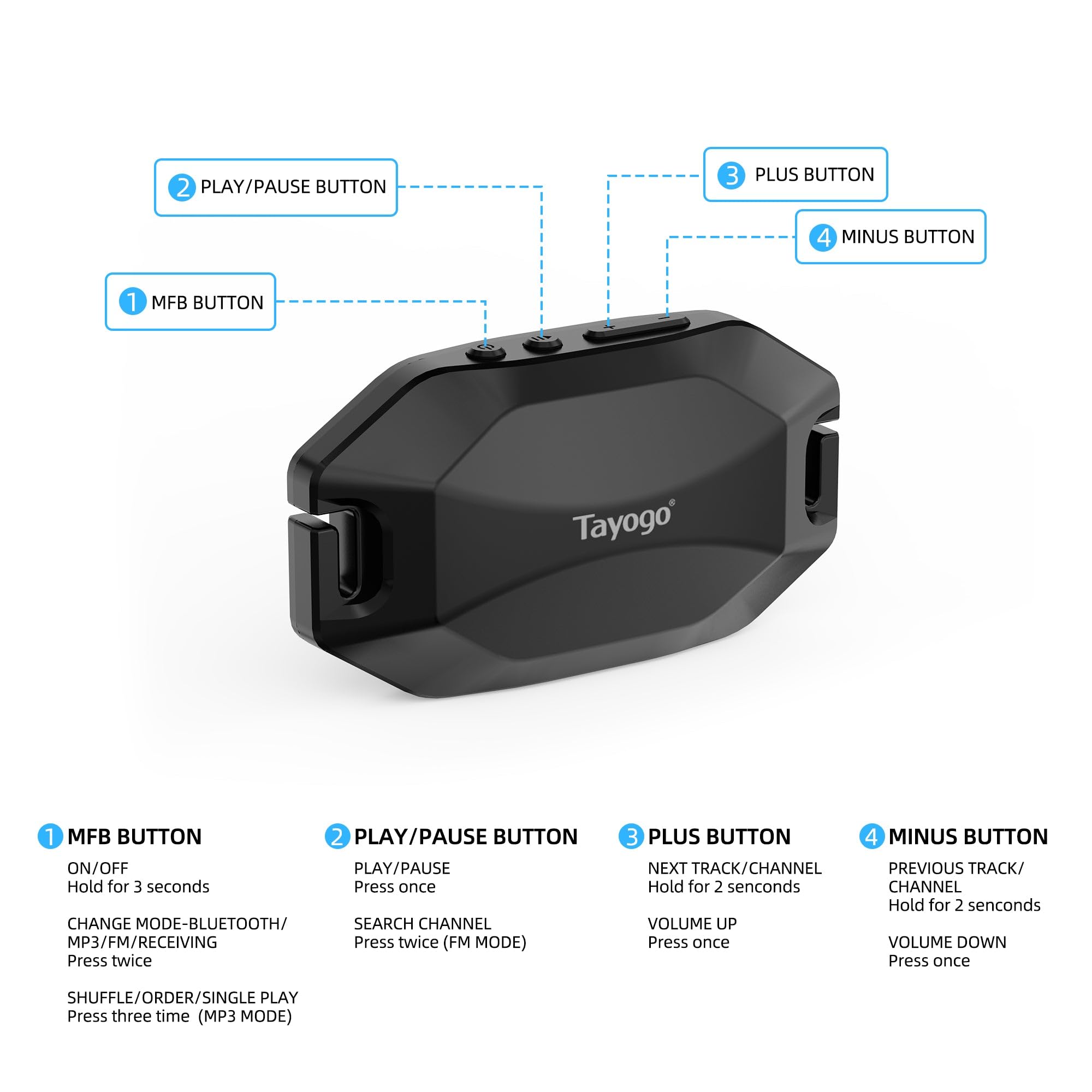 Tayogo Rock Pro Auriculares de Conducción Ósea Impermeables, 4 en 1 Abiertos para Natación, Running y Deporte con Bluetooth, MP3, Radio FM y Modo de Recepción (Negro)