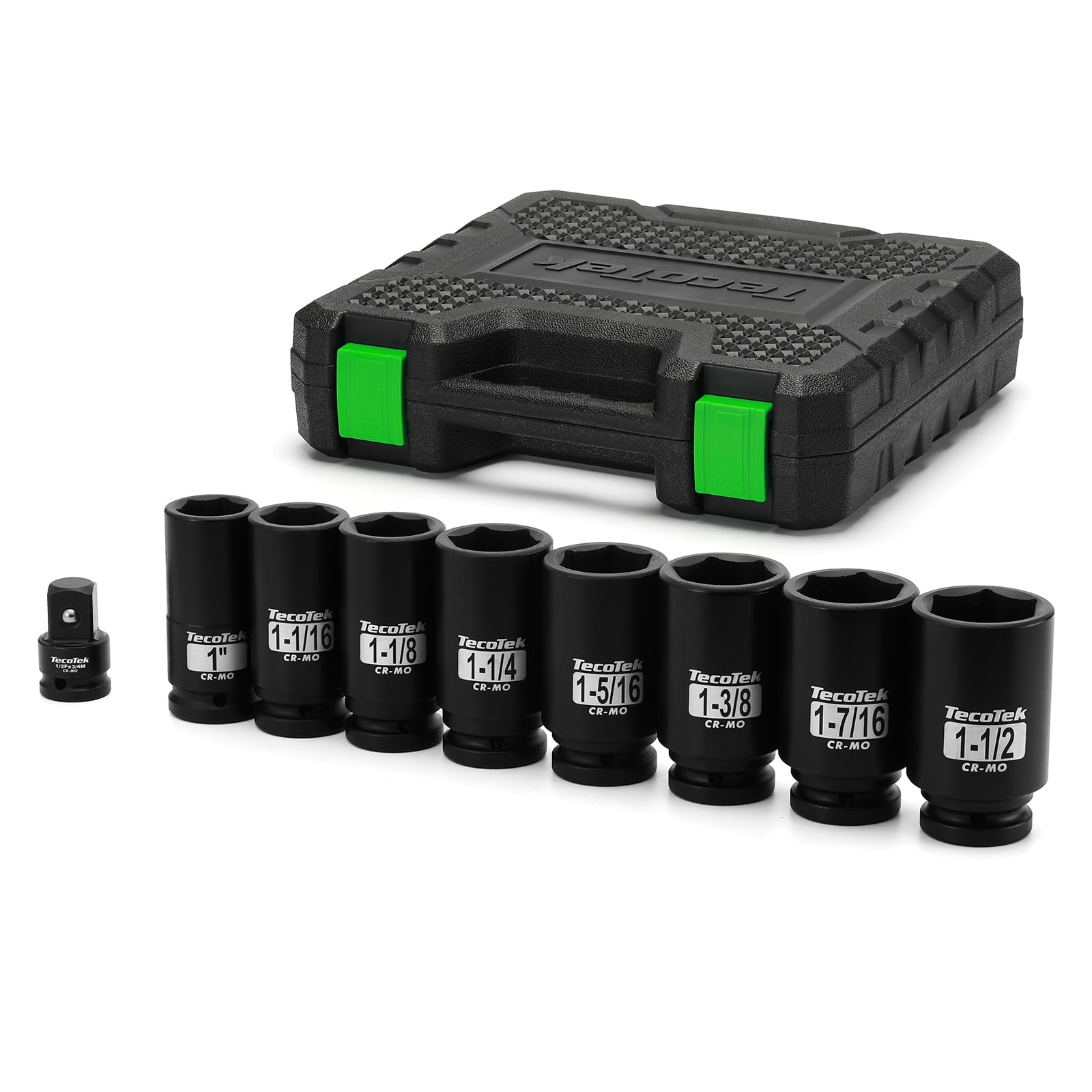 TecoTek 3/4" Drive Deep 6-Point Impact Socket Set, 9-Piece Jumbo Assortment, SAE, Cr-Mo, 1-Inch to 1-1/2-Inch Size, 1/2" F to 3/4" M Impact Socket