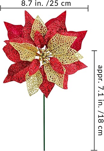 Miniatura 2 de Juego de 14 flores de Pascua artificiales de 8.7 pulgadas de ancho, 4 capas de purpurina metálica roja de Navidad, adornos de árbol de Navidad para