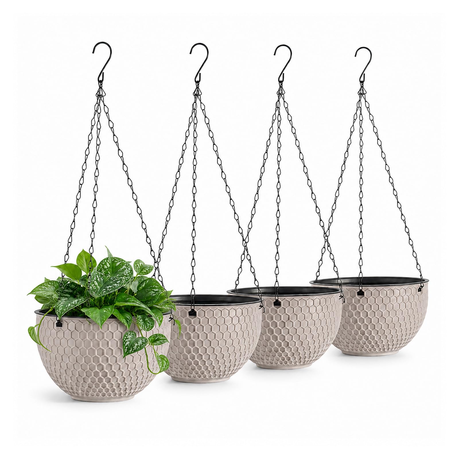 BLOMZA 4 Pack Hanging Basket Planters, Plastic Flower Pots with Drainage for Garden (Beige)