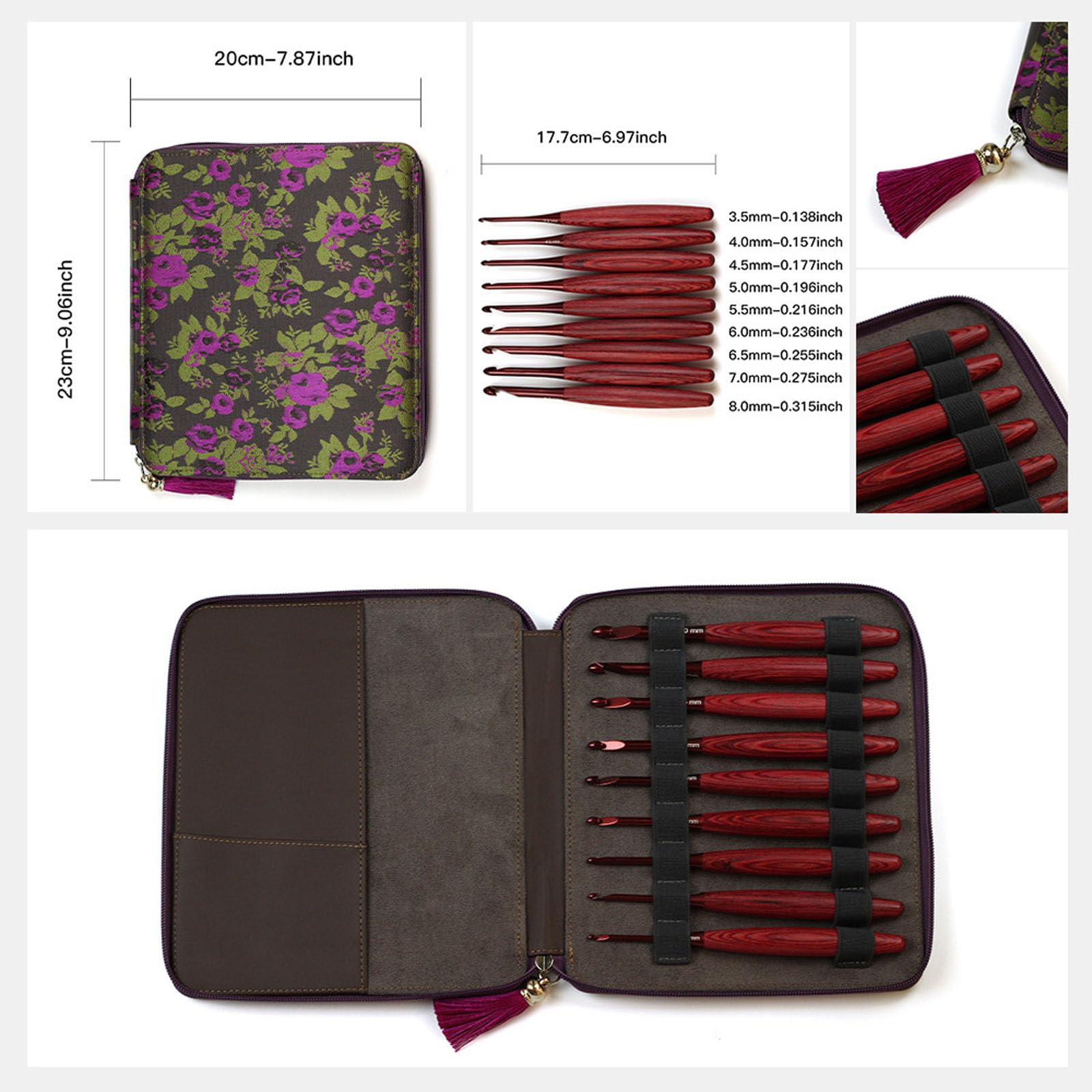 Avejjbaey - Set di 9 ganci all'uncinetto con manico in legno, manico ergonomico, gancio in alluminio, strumento artigianale per maglieria maglione, sciarpa, borsa per ago in legno