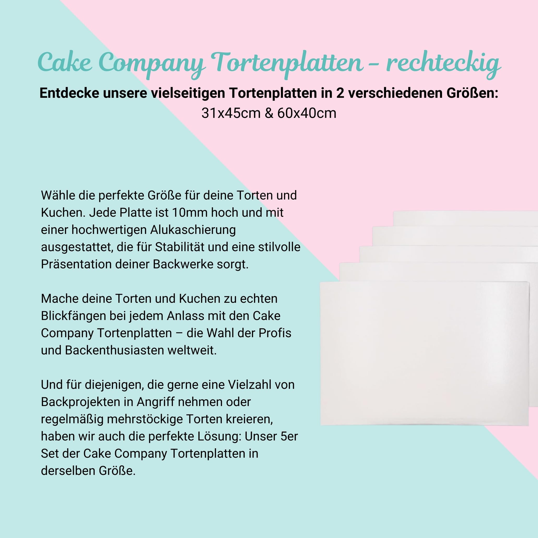 Cake Company Tortenplatte Rechteck 31 x 45 cm | 5 Stück | Cake Board weiß | auch für dicke und mehrstöckige Torten | hochwertige Alukaschierung | 10mm dick