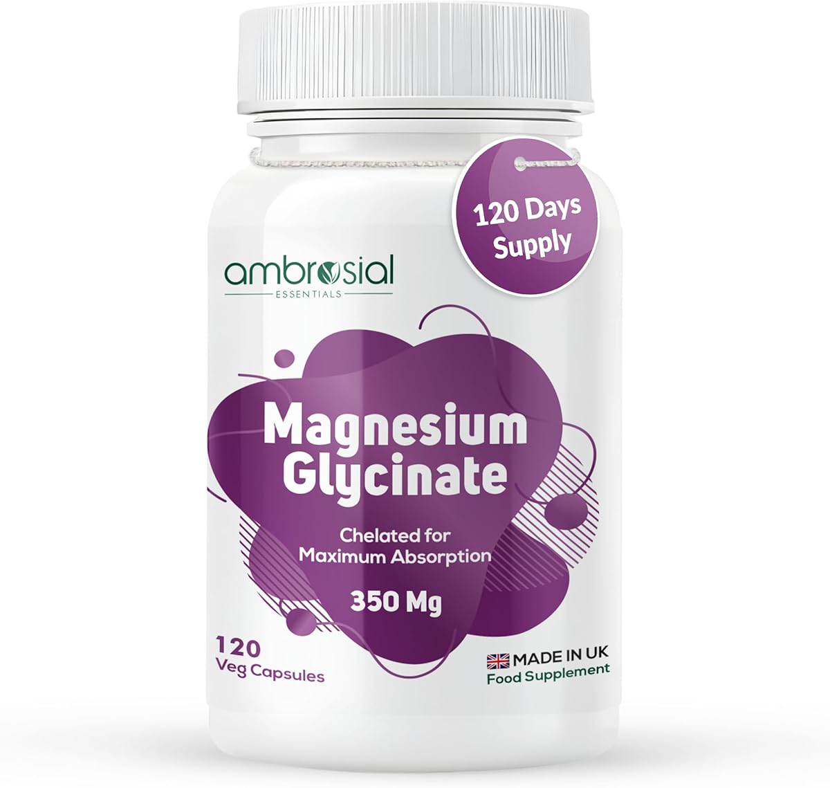 Ambrosial Chelated Magnesium Glycinate – 350 mg Elemental Magnesium – 4 Months Supply – High Strength Magnesium Supplement – Vegan, Non-GMO, GMP Certified – 120 Capsules
