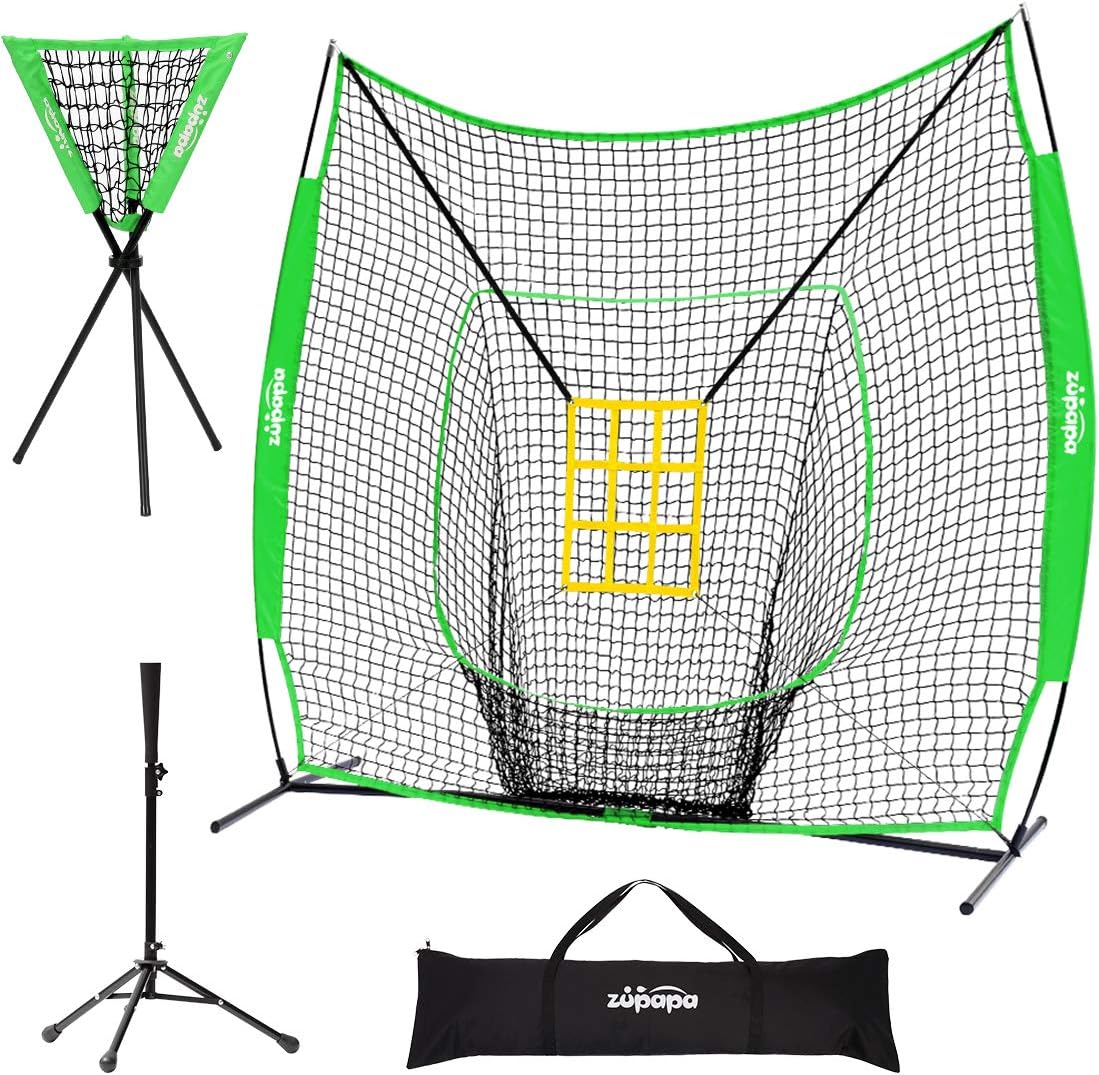 Zupapa 7x7 Feet Baseball Softball Hitting Pitching Net Tee Caddy Set with Strike Zone, Baseball Backstop Practice Net for Pitching Batting Catching for All Skill Levels (Green) : Sports & Outdoors