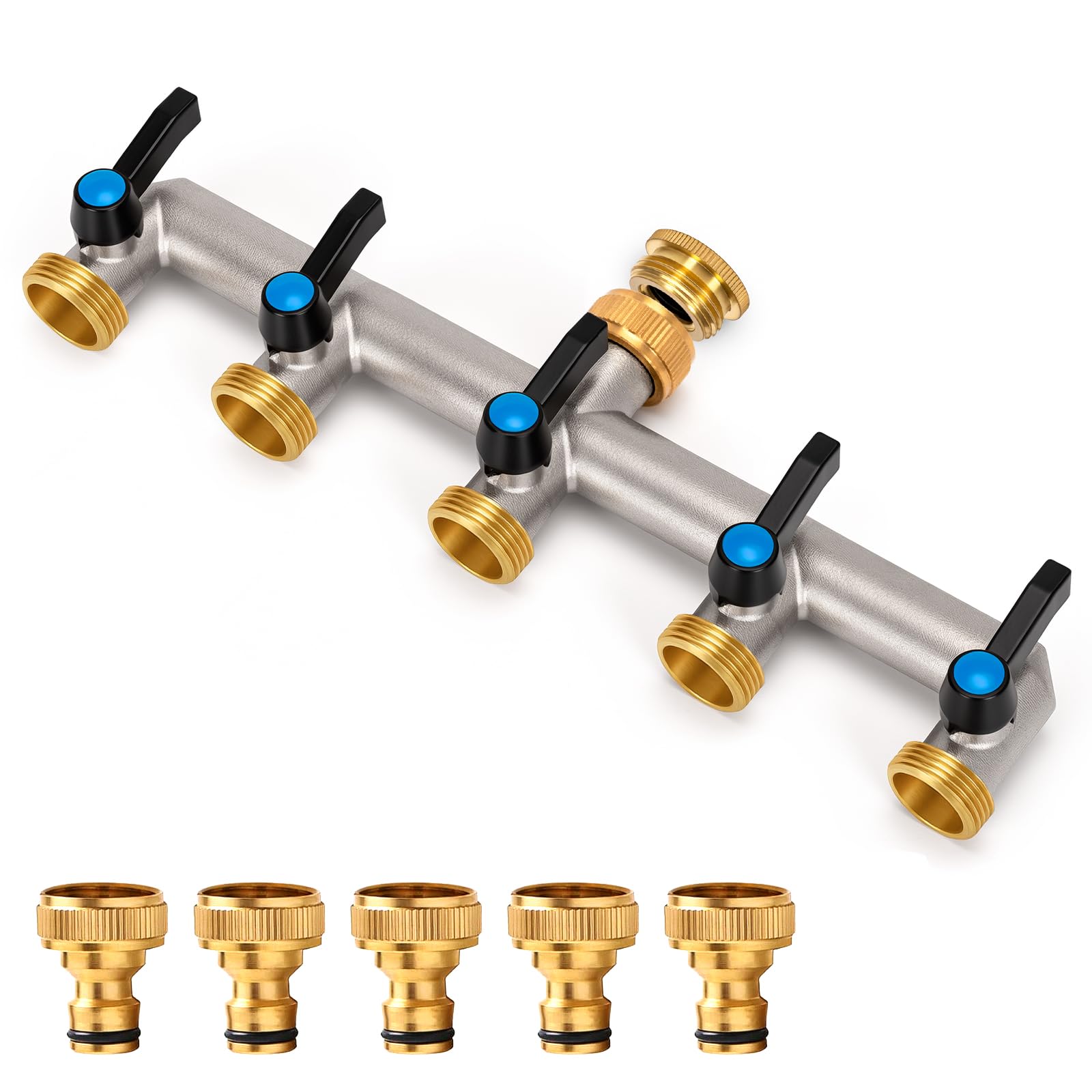 Distributore dell'Acqua a 5 Vie, in Ottone, Adattatore da 3/4 Pollici con 5 connettori per Rubinetto da 3/4" a 1/2" per casa, Cortile/Lavatrice