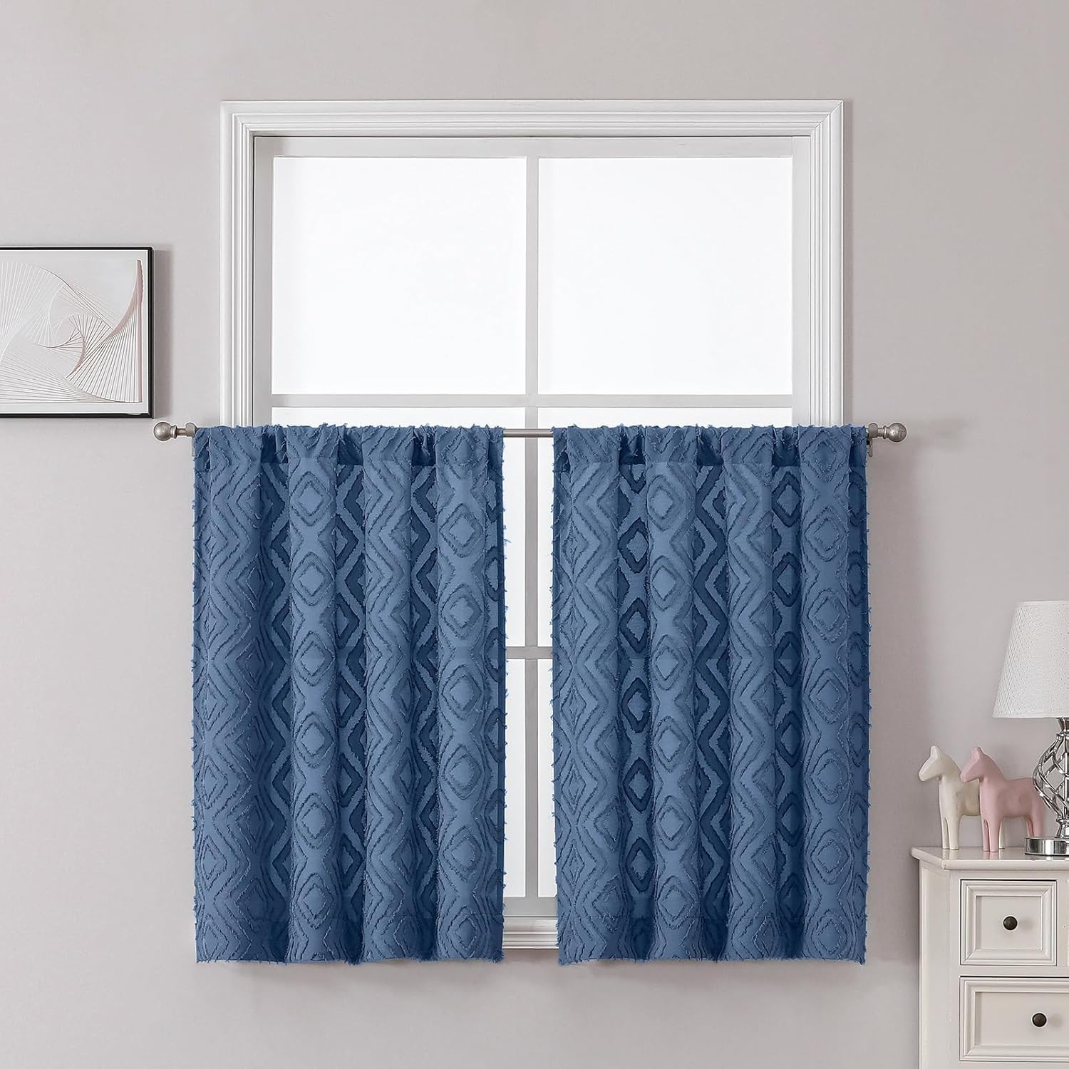 Chyhomenyc Dusty Blue Kitchen Curtains 36 Inch Length 2 Panels, Geometric Jacquard Textured Fabric Tier Cafe Curtain, Rod Pocket Short Window Treatments for Bathroom Basement, 37" W x 36" L, 2PCS