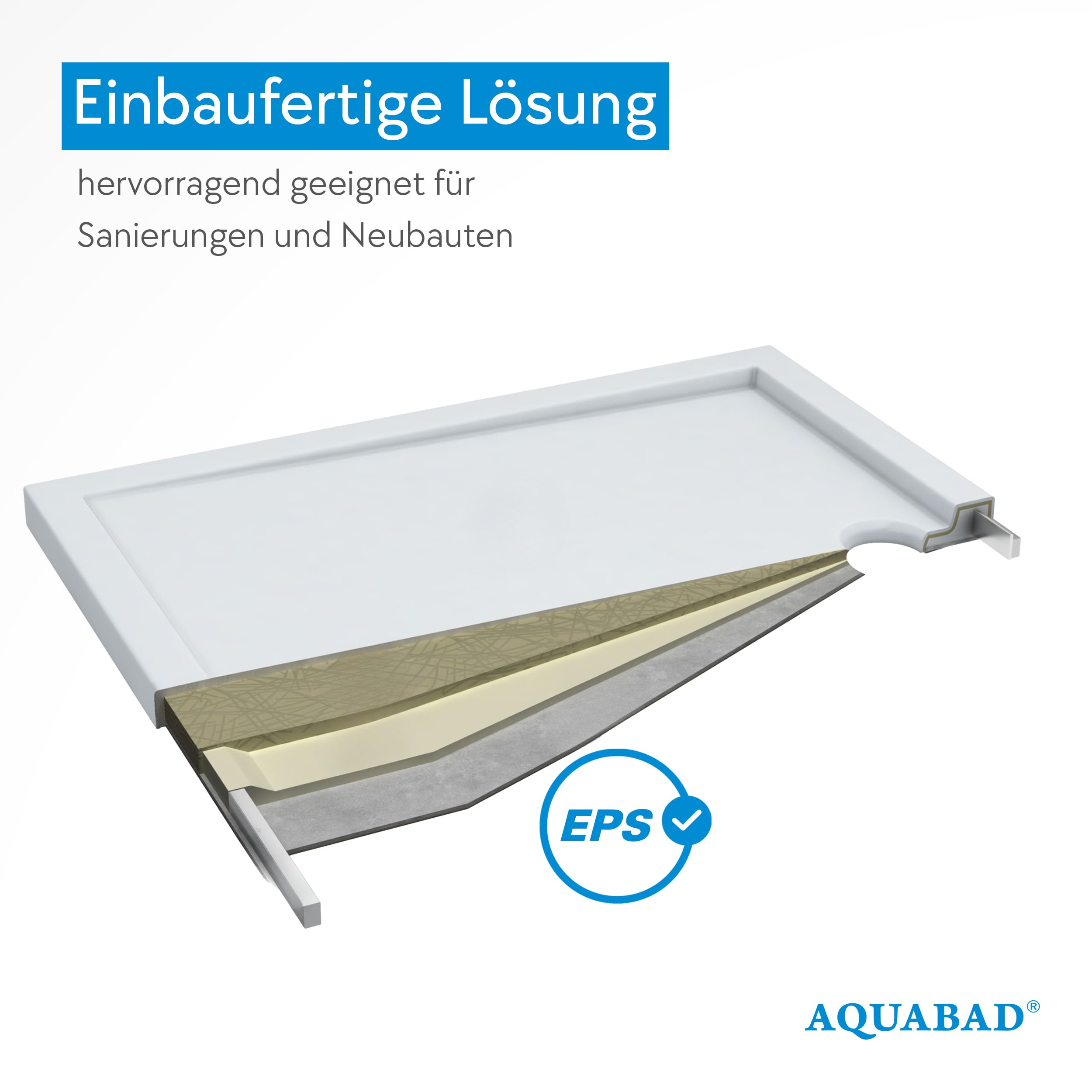 Receveur de douche AQUABAD Villa avec technologie LeakProtect Smooth White 80x80cm quart de cercle R55, avec bonde d’évacuation A9.200