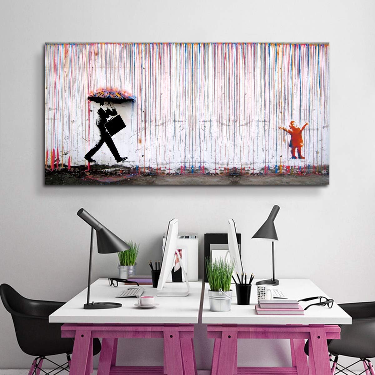RONEVERApril Art Banksy Canvas Print Colorful Rain Graffiti Wall Art Print Gallery Wrapped Image Mural Artwork for Home Decoration Modern Framed Poster Gift (Banksy Artwork 5, 20x40 Inch)