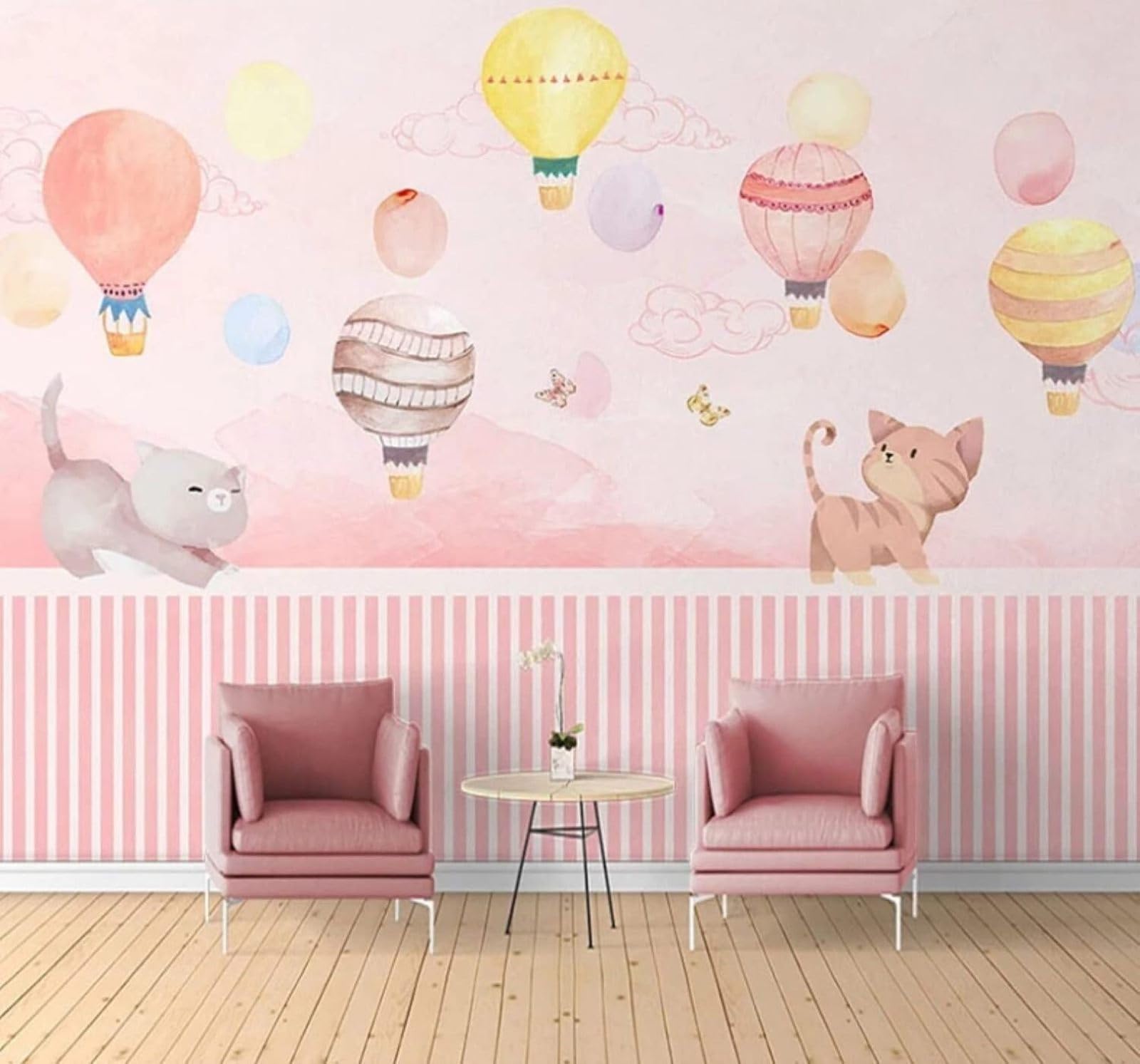Wallpaper-3D-Xlm 150Cm×105Cm(B×H) Cartoon Cute Kitten Hot Air Balloon Pink 3D Wallpaper Easy Install Feature Office Living Room Sofa Bedroom Tv Background Wall Decoration-150Cm×105Cm