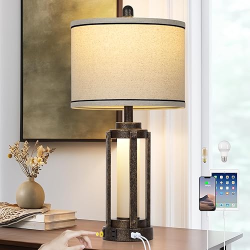 Farmhouse Industrial Lamp with USB A+C Charging Ports & AC Outlet, 26" Vintage Rustic Retro Table Lamp with Glass LED Night Light & Linen Fabric