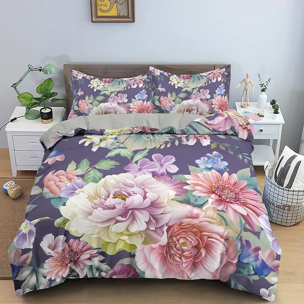 LMMSMGS King Size Duvet Cover Sets Flowers Duvet Cover King Size 94.5"x 86.6" with 2 Pillowcases 19.7"x 29.5" Bedding Sets Ultra Soft Warm Fluffy With Zipper Closure for Aldults Kids